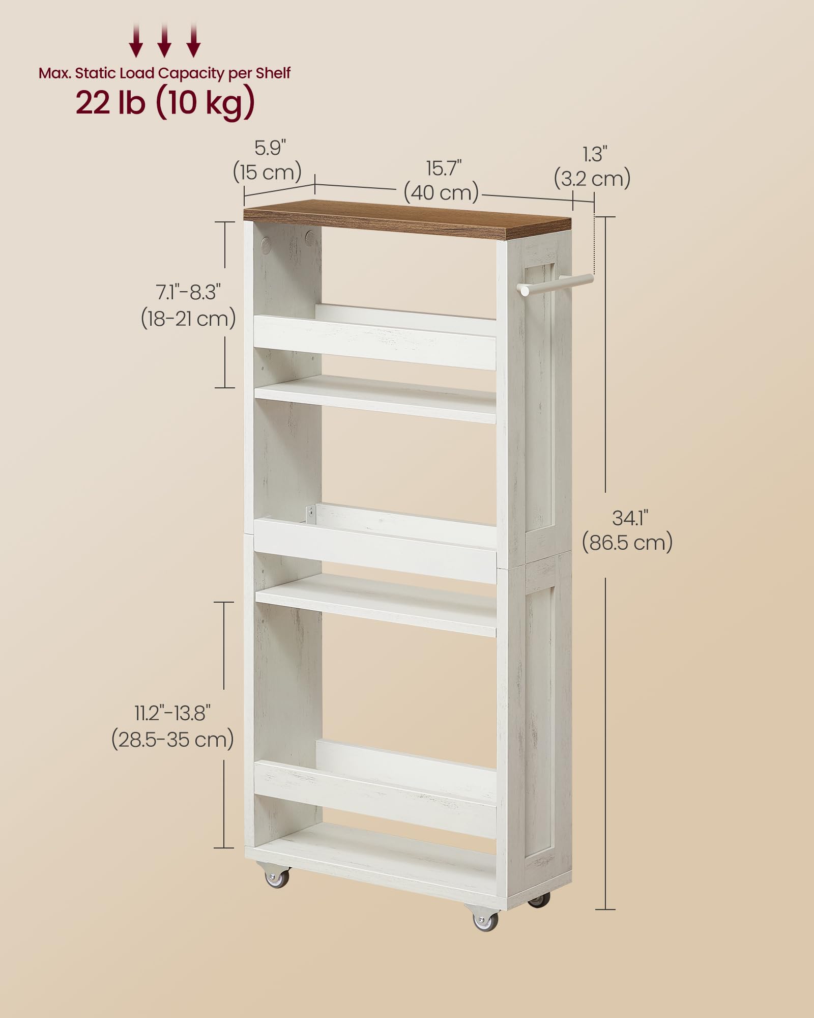 VASAGLE 4-Tier Slim Storage Trolley with Wheels | Rustic White + Honey Brown | 15 cm Wide 7