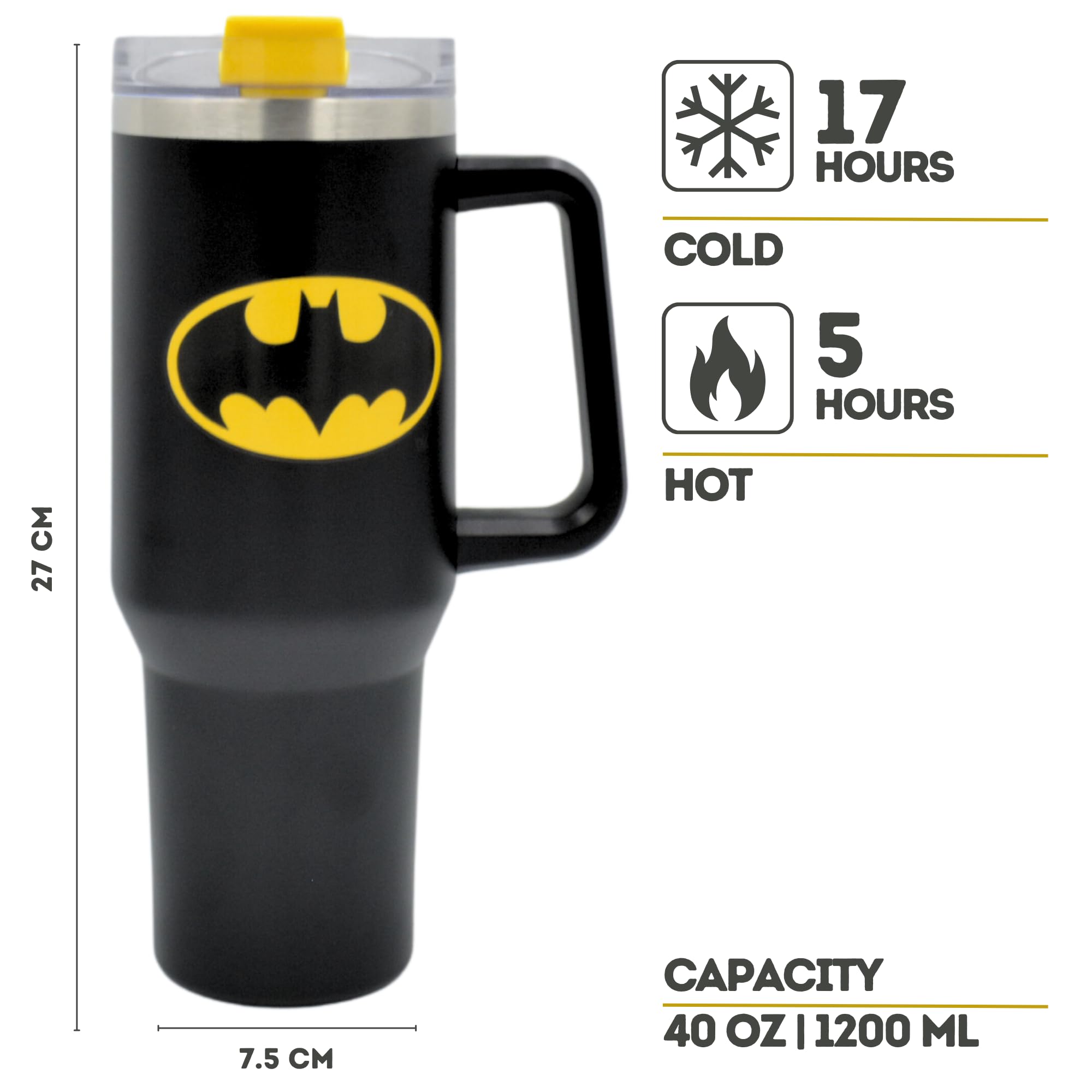HOX Batman 1200ml Insulated Stainless Steel Tumbler with Handle and Straw | Cold 17Hrs/Hot 5Hrs 7