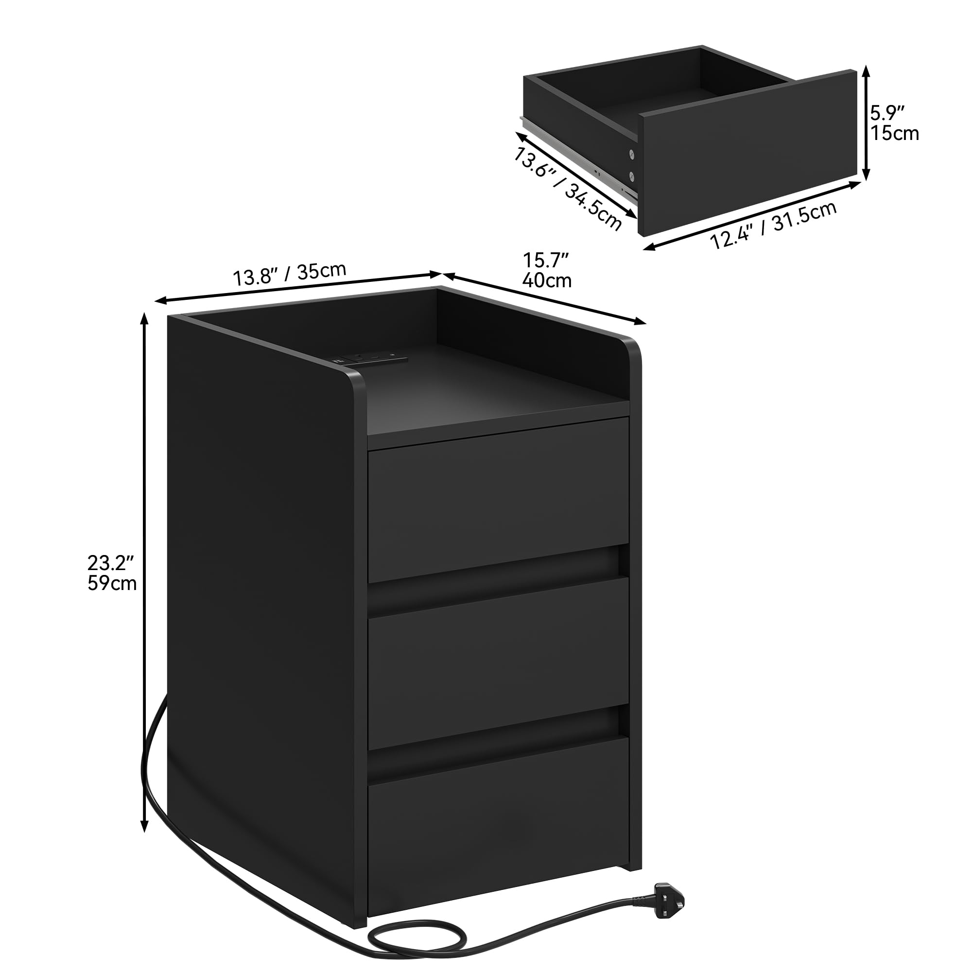 YITAHOME Bedside Table with 3 Drawers and Power Station | Black Engineered Wood | 35 x 40 x 59cm 2