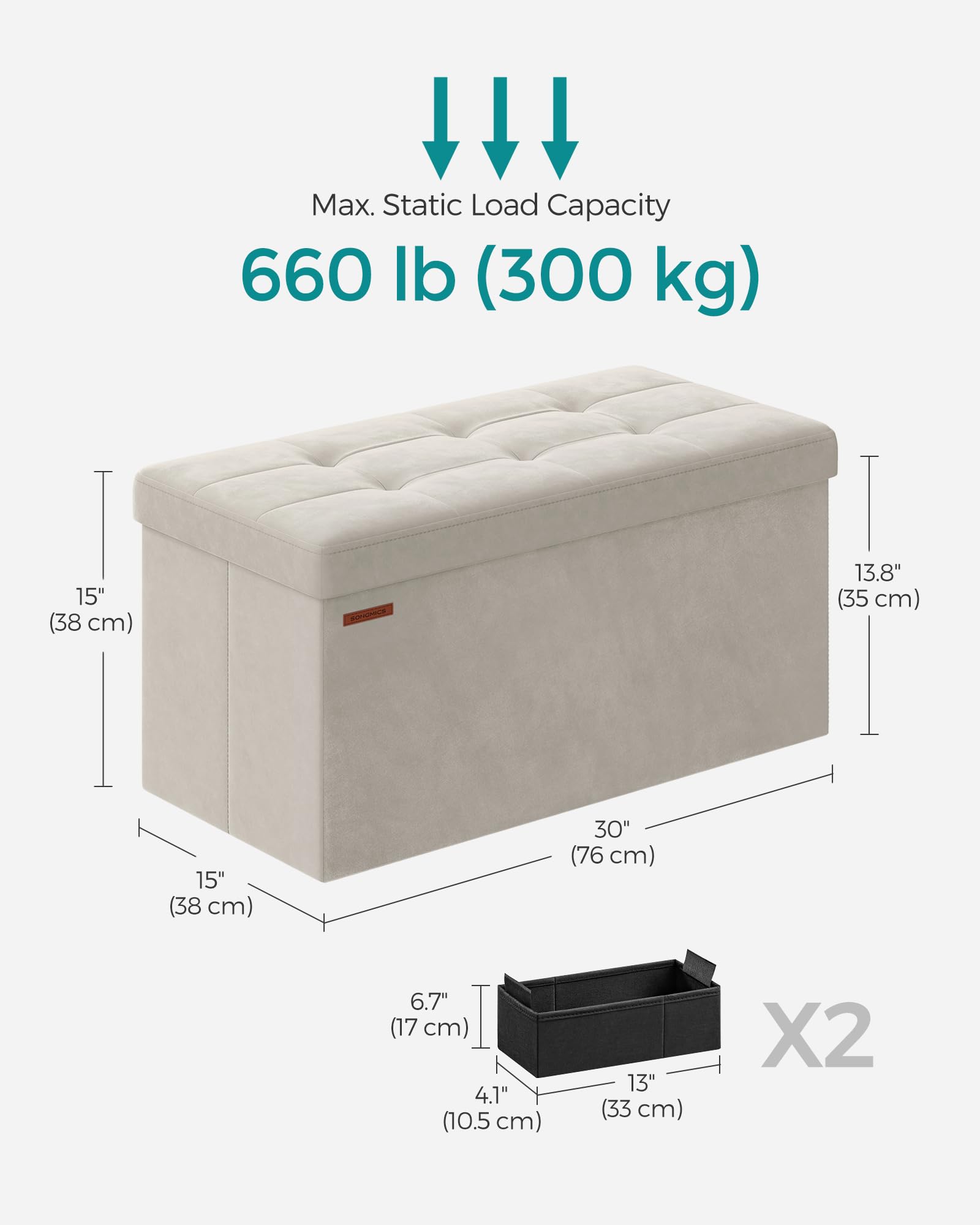 SONGMICS Storage Ottoman - Foldable Foot Rest with 89L Capacity | Cream White Velvet | 300 kg Load 3