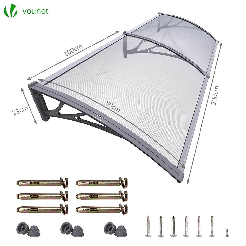 VOUNOT Outdoor Door Canopy Awning - 200 x 80 cm Grey Shelter | Polycarbonate & Aluminum 4