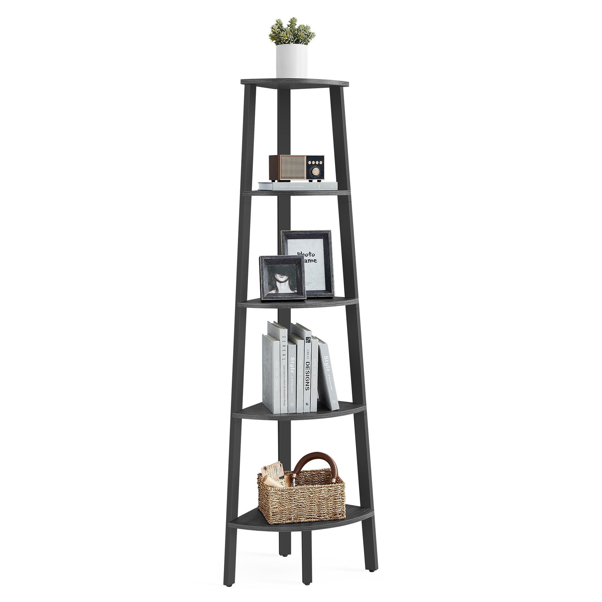 VASAGLE 5-Tier Corner Shelf Unit - Industrial Accent Furniture for Living Room, Bookshelf or Plant Stand | Charcoal Gray & Matte Black 1