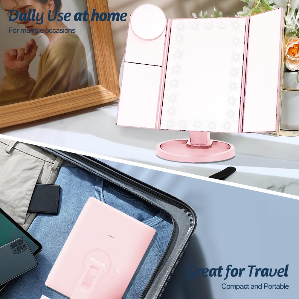 Woobroo Lighted Makeup Mirror - 22 LED Touch Control Dimmable | 1X/2X/3X/10X Magnification | 180° Rotation | Pink 6