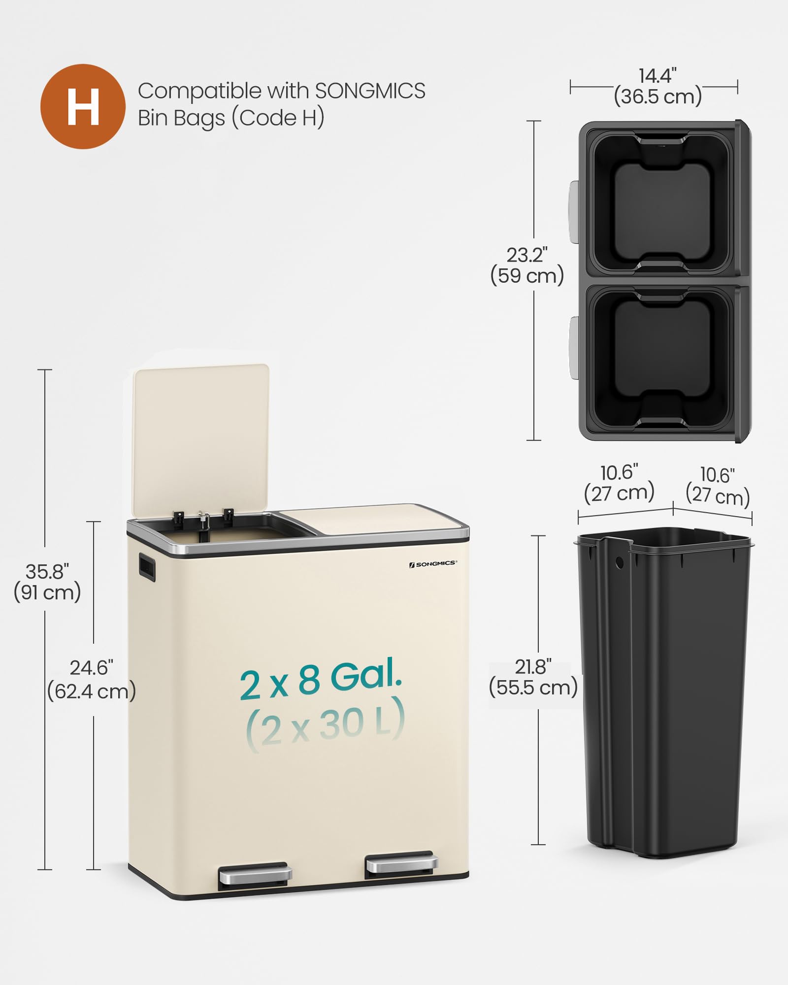 SONGMICS Dual Recycling Bin - 2 Compartments, 2 x 30L Capacity, Cream | Soft Close Pedal | Steel 6