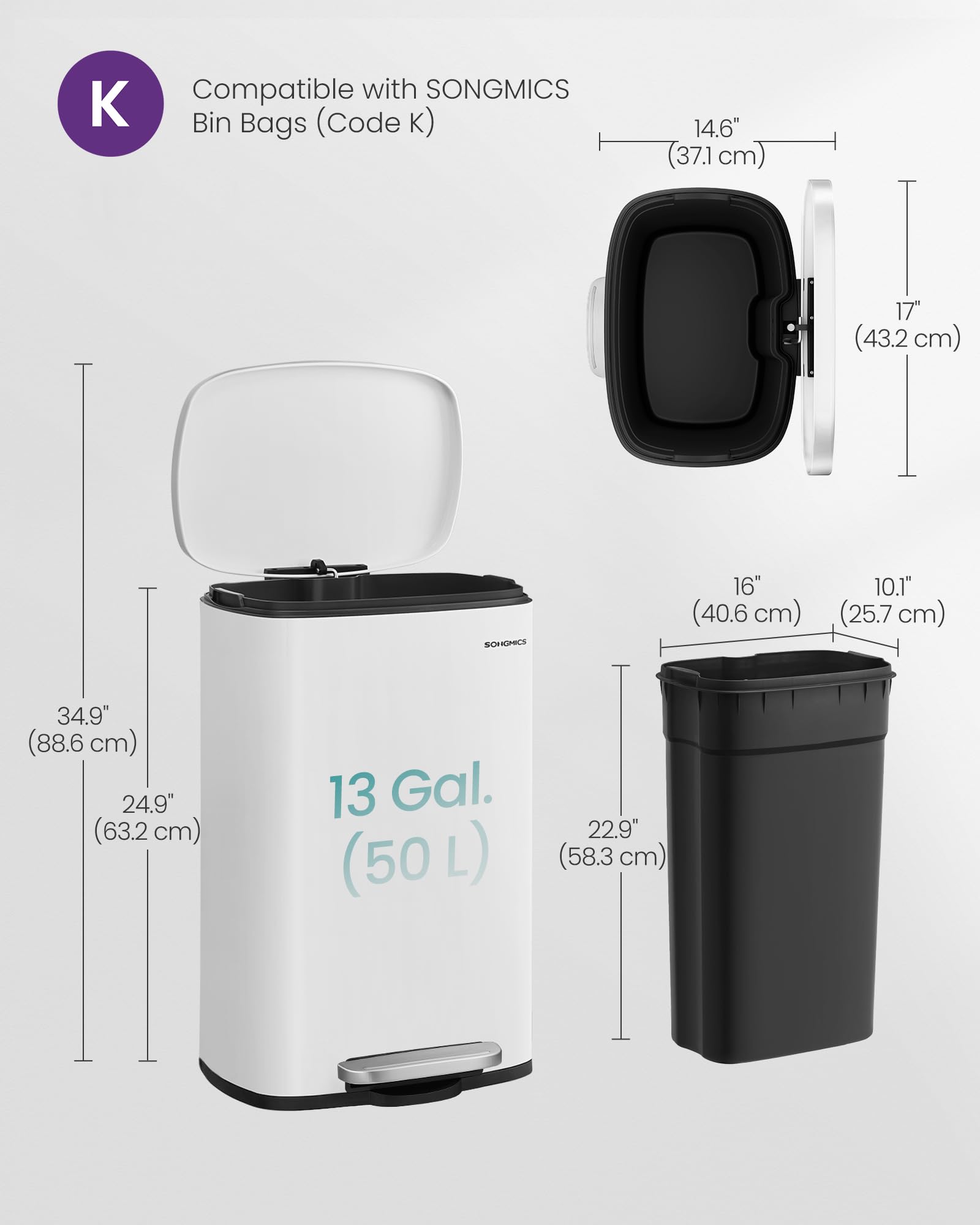 SONGMICS Kitchen Bin 50 L Pedal Rubbish Bin | Soft Close | Steel Exterior | White LTB101W01 6
