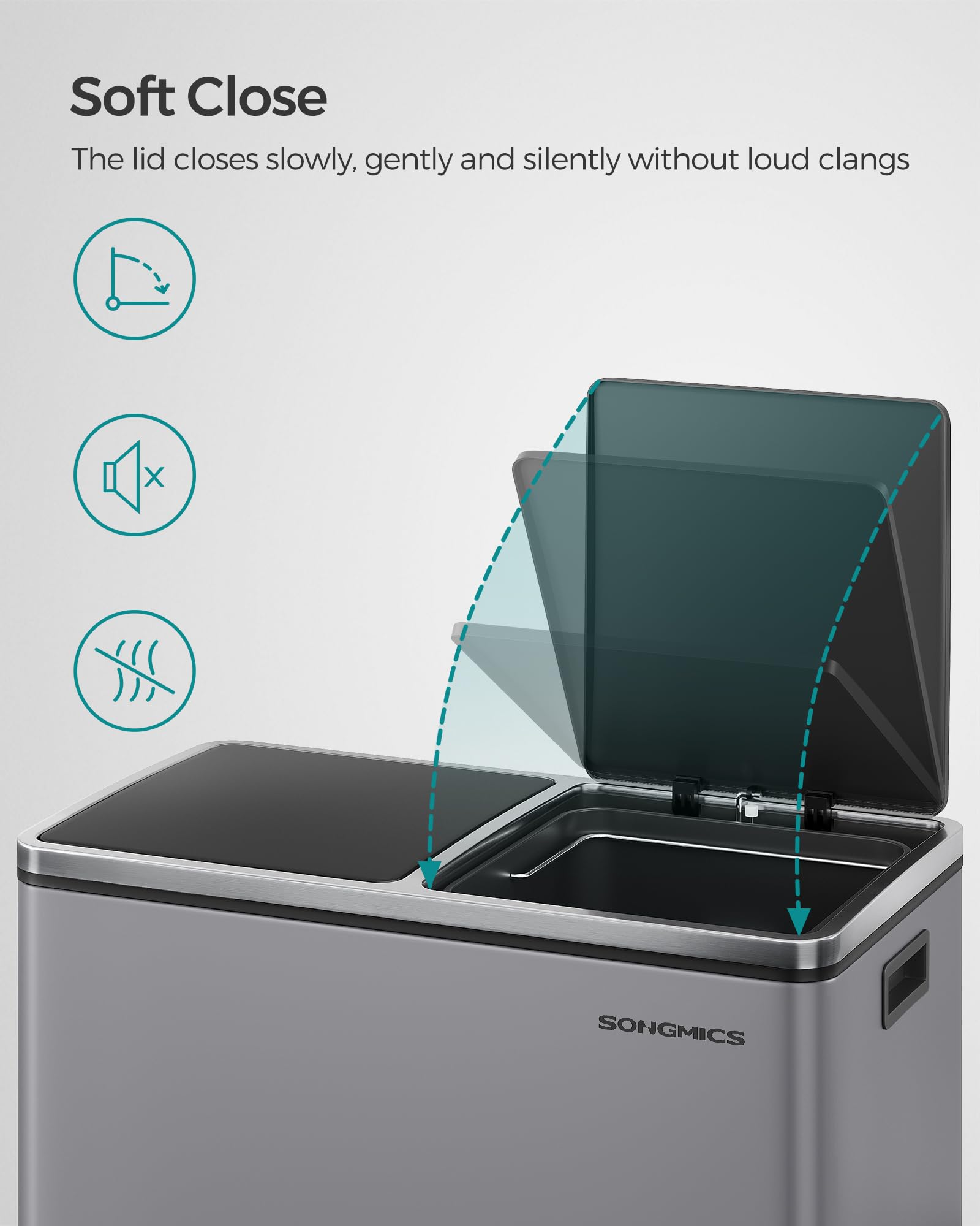 SONGMICS Dual Rubbish Bin - 2 Compartments, 2 x 30L, Soft Closure, Pedal Operated | Slate Grey 7