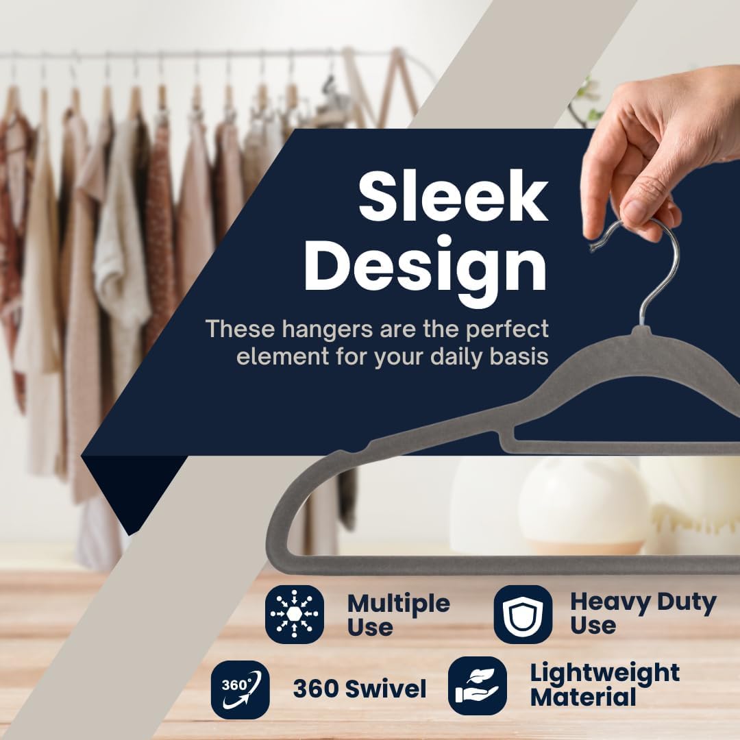 Sasha Morel Velvet Coat Hangers - 20 Pack Space Saving Non-Slip Clothes Hangers | Grey