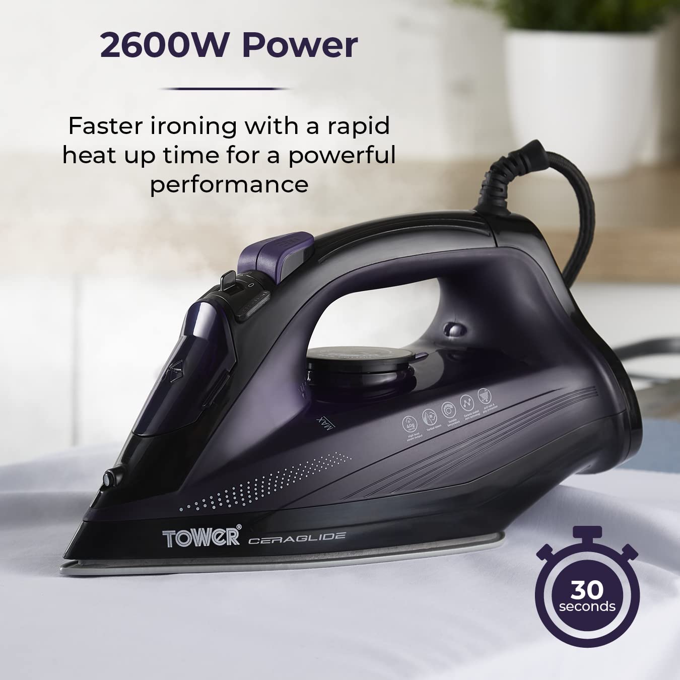 Tower CeraGlide T22011 Steam Iron - 2600W Power | 160g Steam Boost | Ceramic Soleplate 3