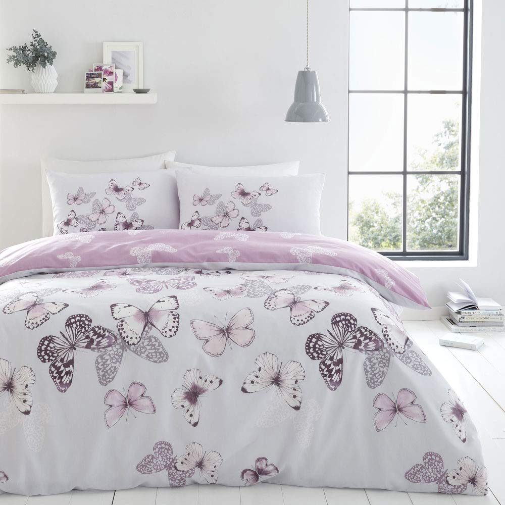 Catherine Lansfield Butterfly Single Duvet Cover Set with Pillowcase | Heather/Grey Reversible | Polycotton 1