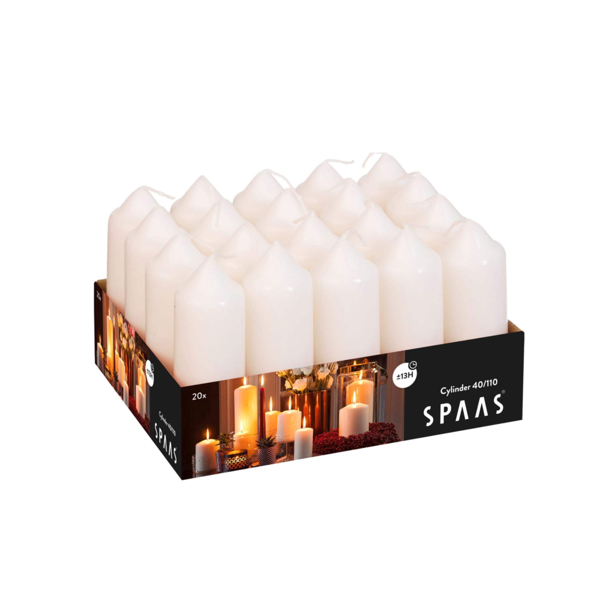 Spaas Unscented Pillar Candles Tray of 20 | D 40mm x H 110mm | 13 Hours Burn Time | Ivory