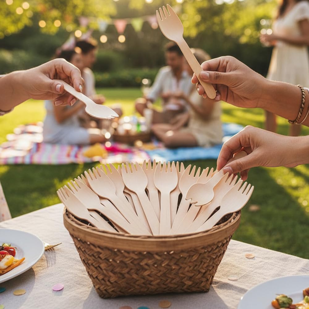 1ABOVE 100pcs Birch Wood Sporks - 15.5cm Eco-Friendly Disposable Cutlery for Parties 6