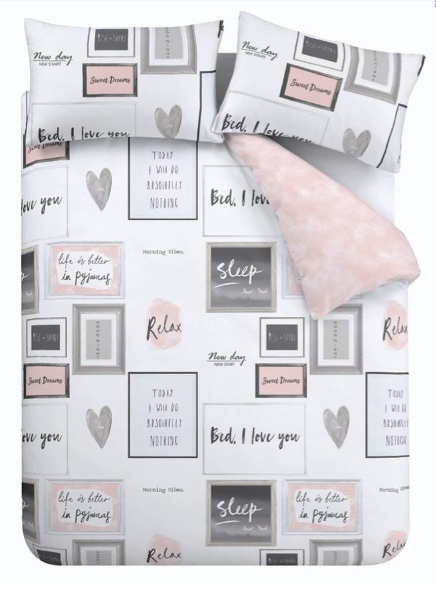 Catherine Lansfield Sleep Dreams Reversible Double Duvet Cover Set with Pillowcases Blush Pink 1