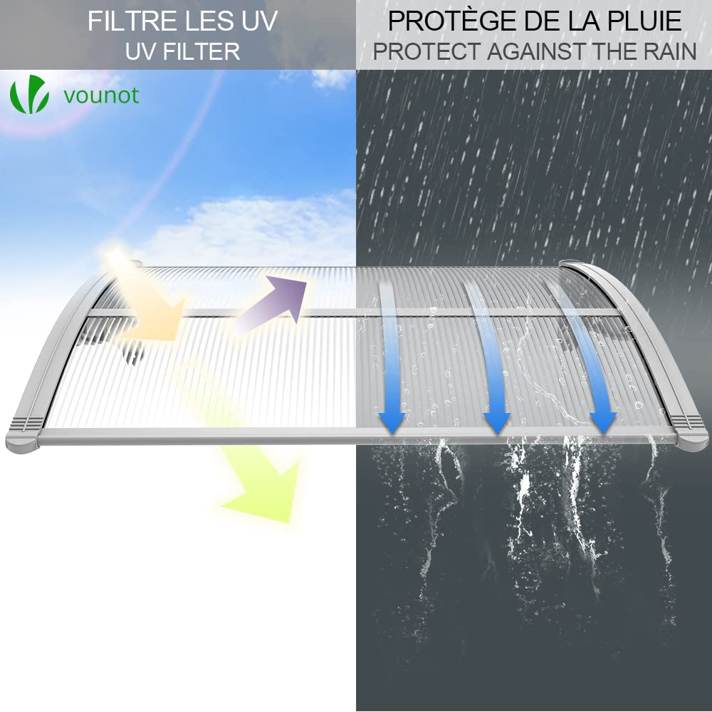 VOUNOT Front Door Canopy Awning - Polycarbonate & Aluminum | 120 x 80 cm Grey Shelter 3