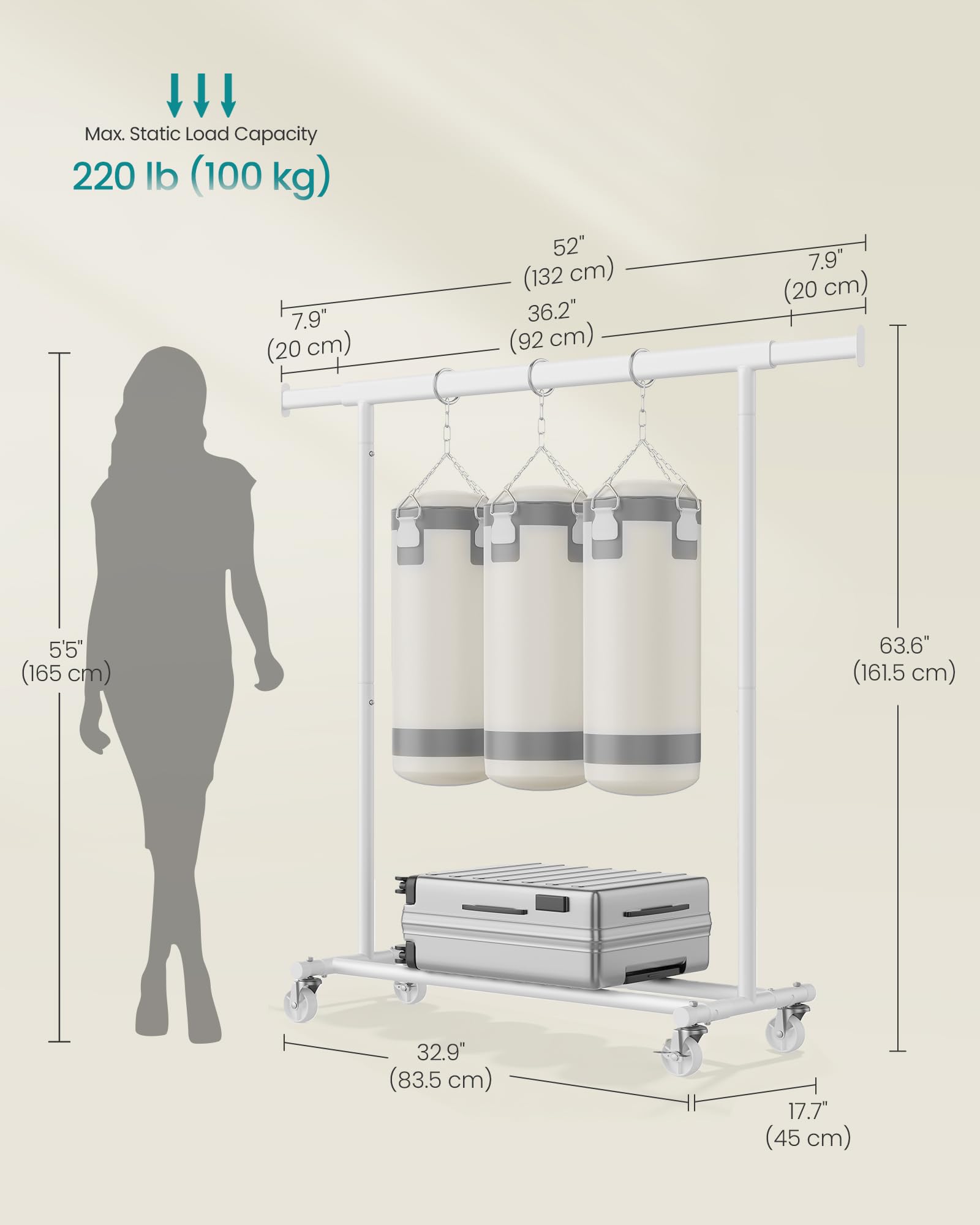 SONGMICS Heavy Duty Clothes Rack on Wheels - 100 kg Load Capacity | Extendable Rail (92-132 cm W) | White 6