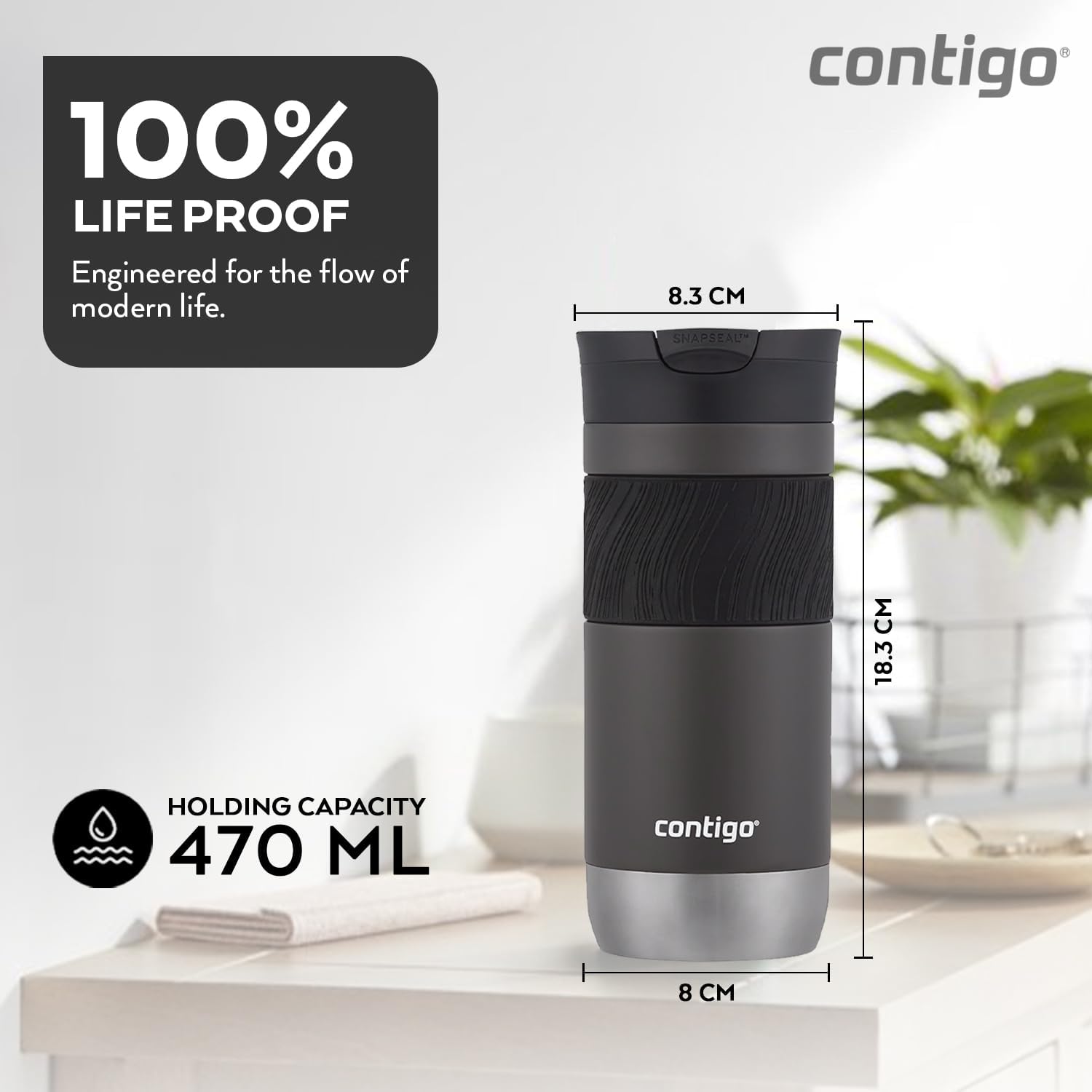 Contigo Byron Snapseal Travel Mug - 100% Leakproof | Keeps Hot 7 Hrs, Cold 12 Hrs | 470 ml | Dark Stainless Steel 3