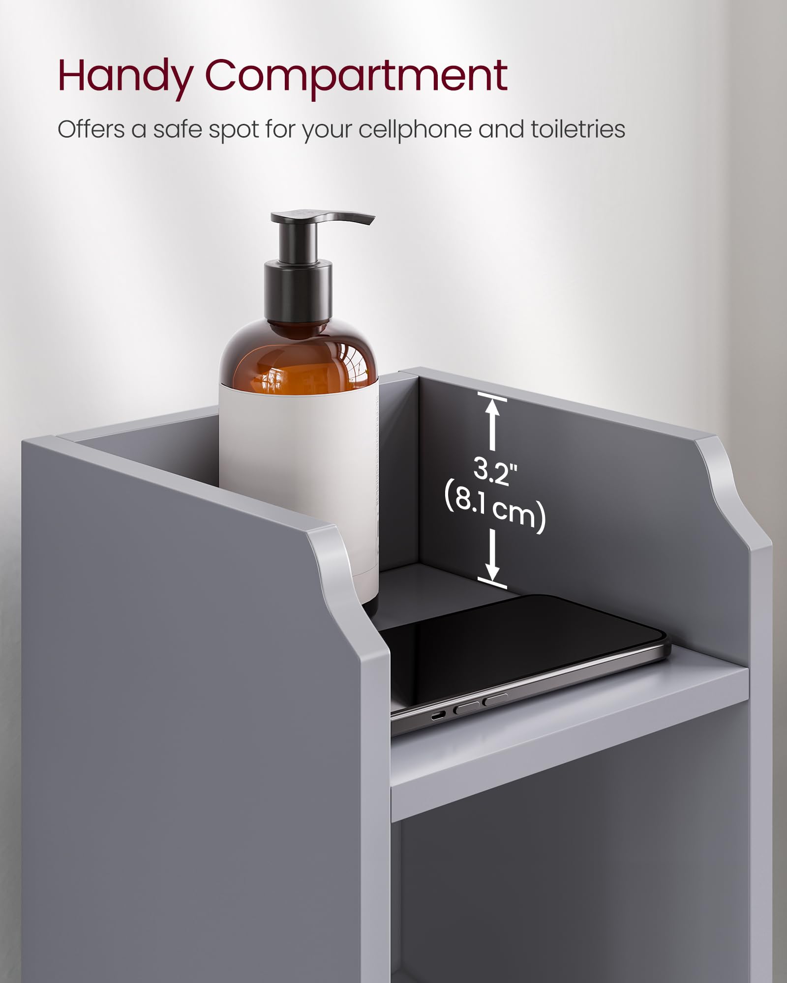 VASAGLE Slim Bathroom Floor Storage Cabinet | Dove Grey | 80H cm | Adjustable Shelves 6