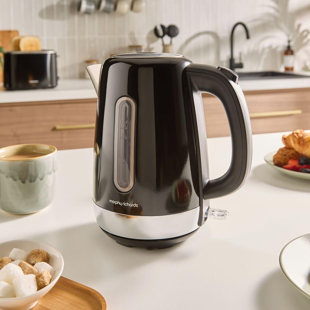 Morphy Richards Equip Jug Kettle, 1.7L, 3Kw Rapid boil, Removeable Limescale Filter, Easy View Water Gauge, Stainless Steel Case, Black, 102783 2