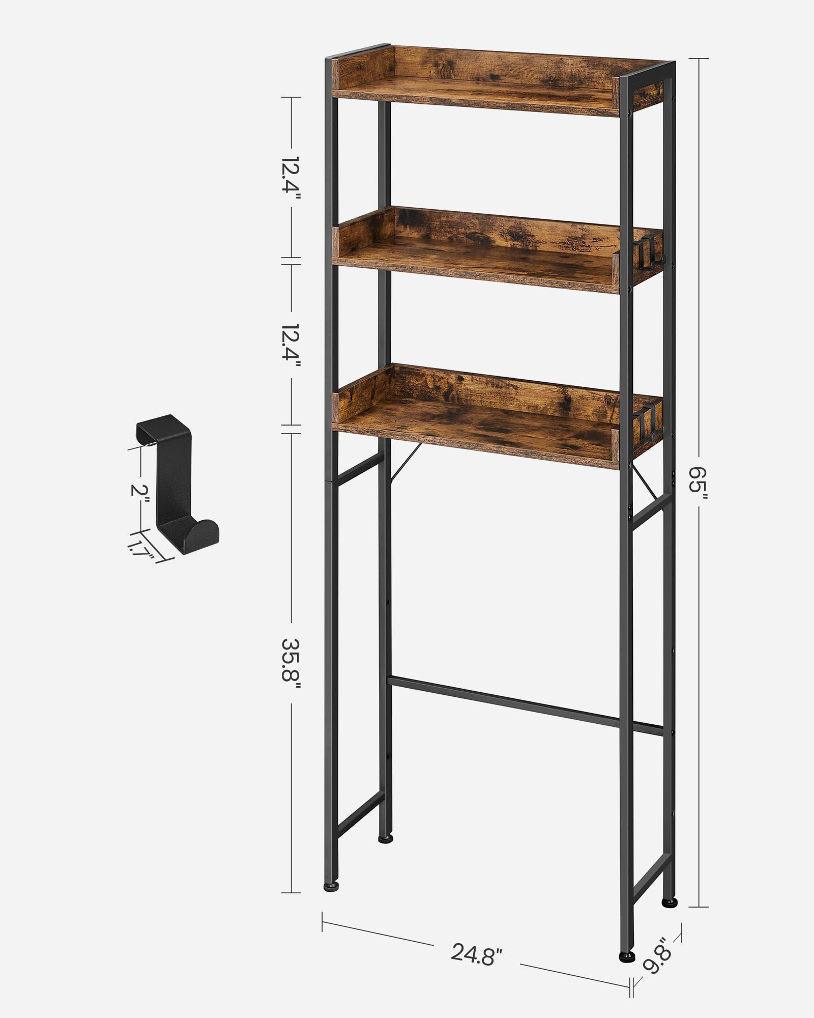 VASAGLE 3 Tier Over the Toilet Storage Shelf | Industrial Style | Rustic Brown & Black | BTS002B01 3