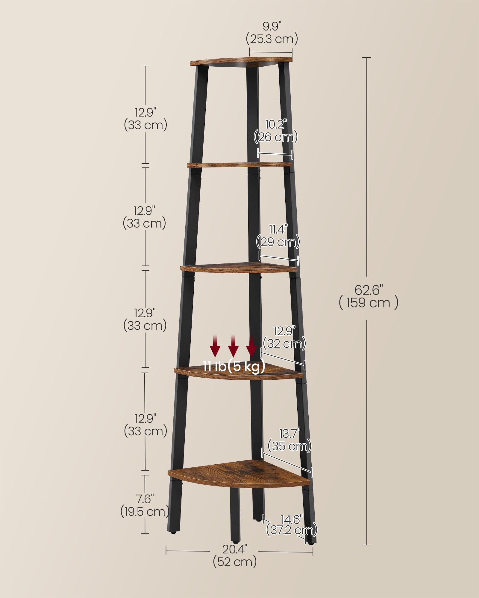 VASAGLE Industrial Corner Bookcase - 5 Tier Shelf | Rustic Brown & Black | LLS35X 3
