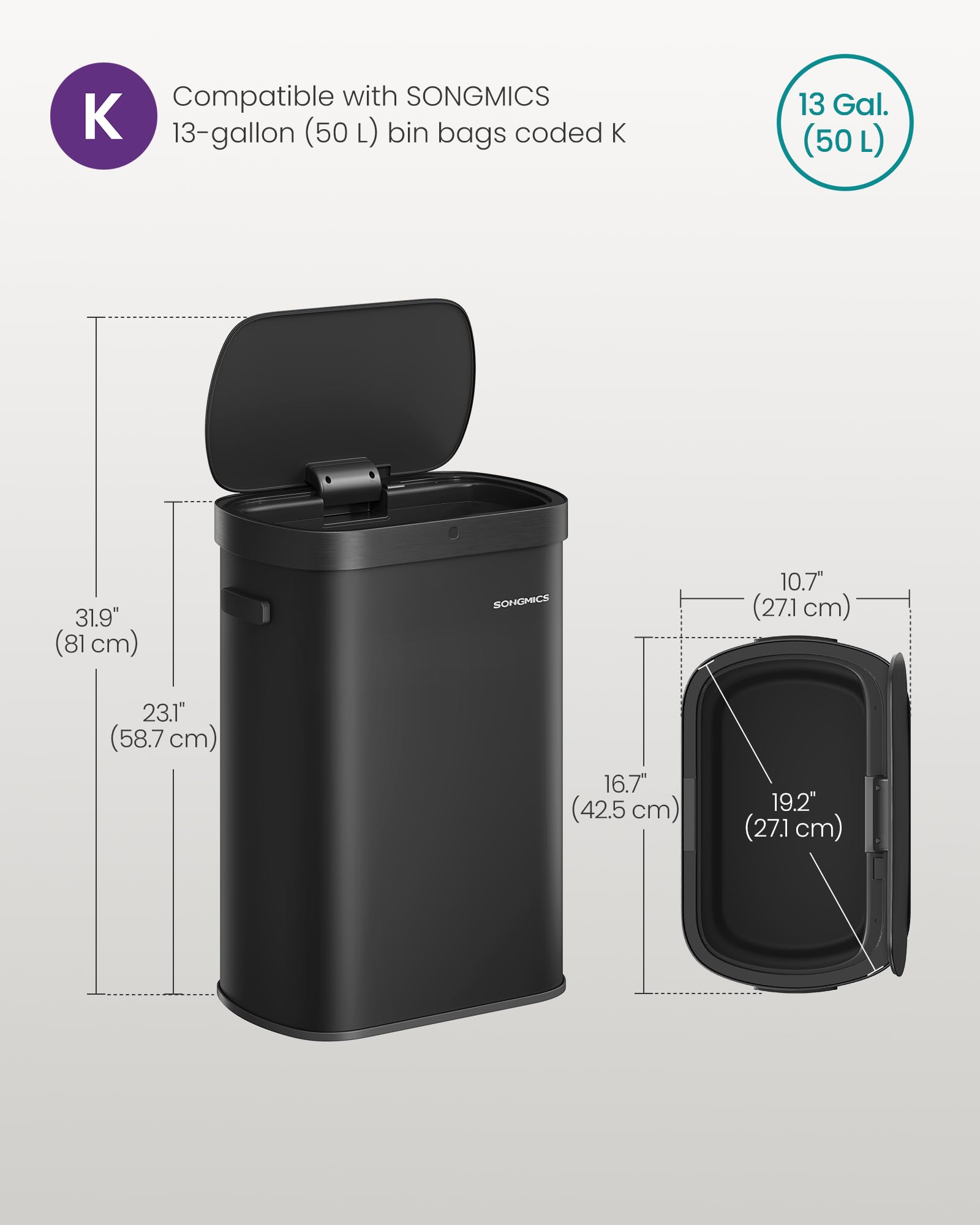 SONGMICS Automatic Kitchen Bin - 50 L Capacity | Motion Sensor | Ink Black Steel 8