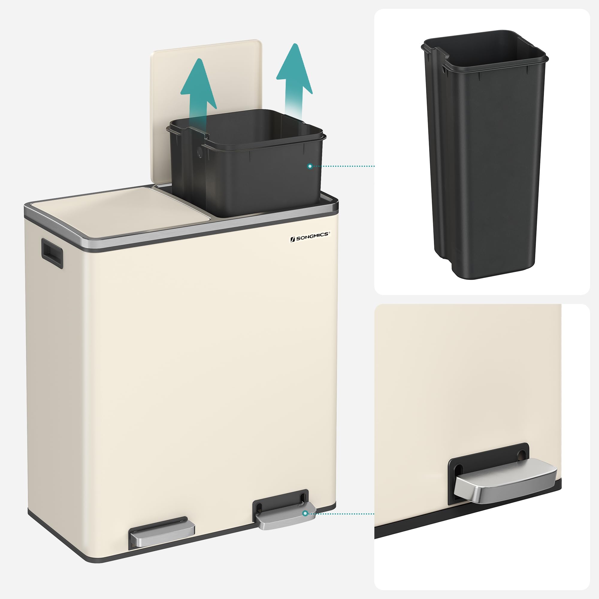 SONGMICS Dual Recycling Bin - 2 Compartments, 2 x 30L Capacity, Cream | Soft Close Pedal | Steel 4