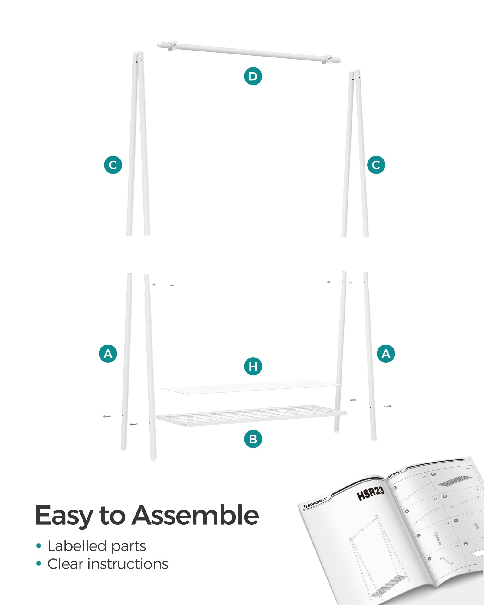 SONGMICS Clothes Rail Garment Rack with Steel Frame and Storage Shelf | 40kg Rail Capacity | White 6