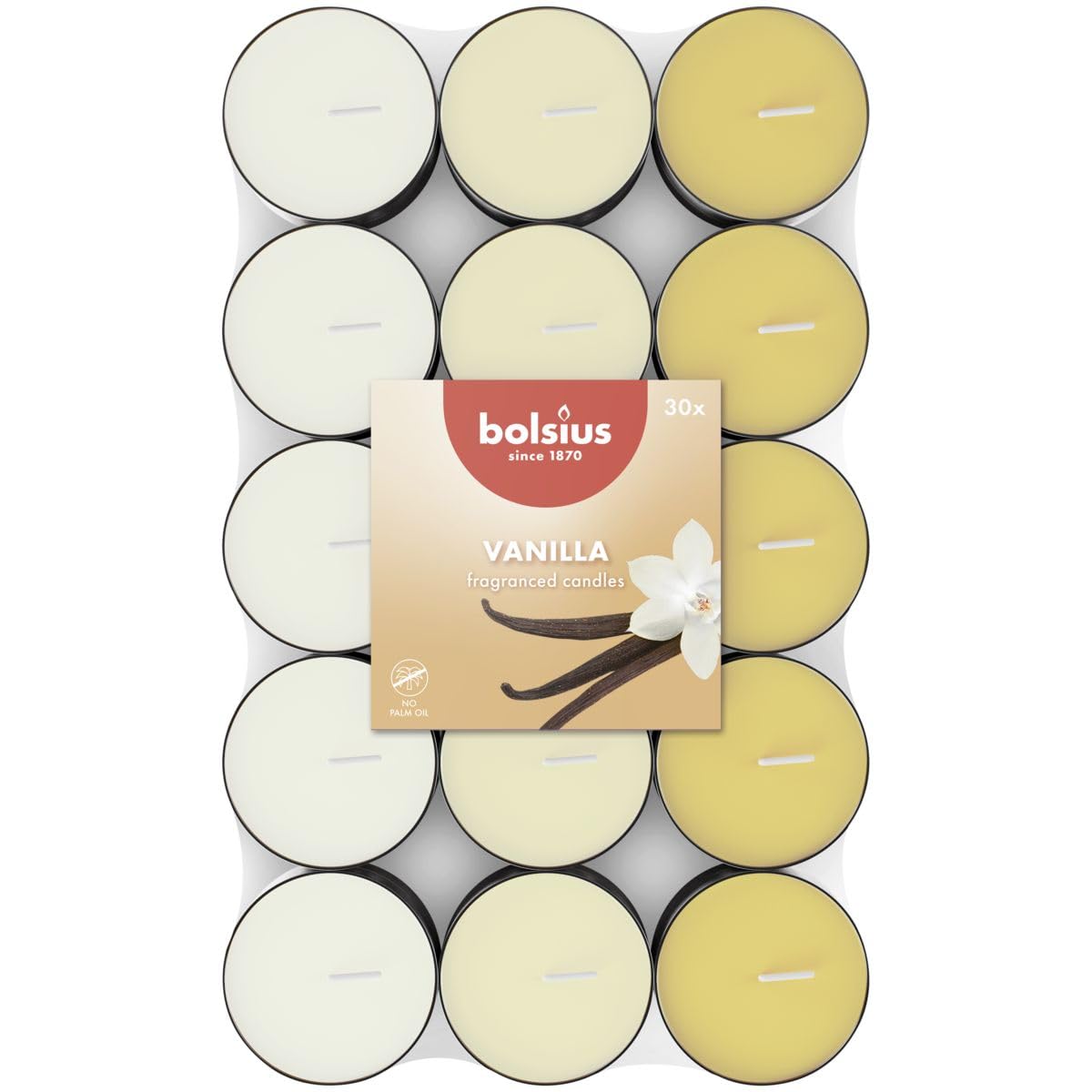 Bolsius Scented Tealights Vanilla - 30 Pack | 3.5 Hour Burn Time | Tricolour
