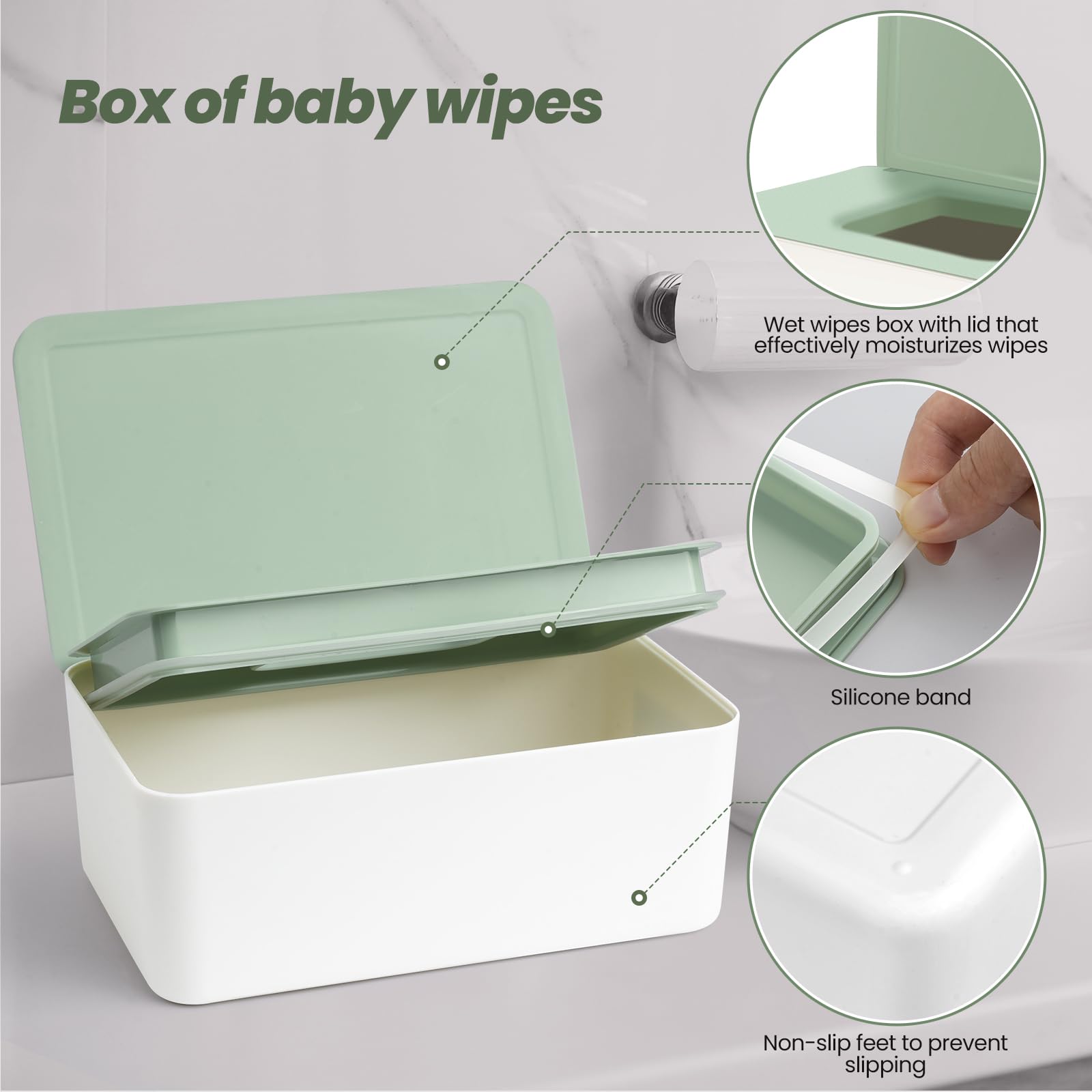 Vonsera Wet Wipes Dispenser Box - 100 Wipe Capacity | PP Plastic | White/Green Cap 2
