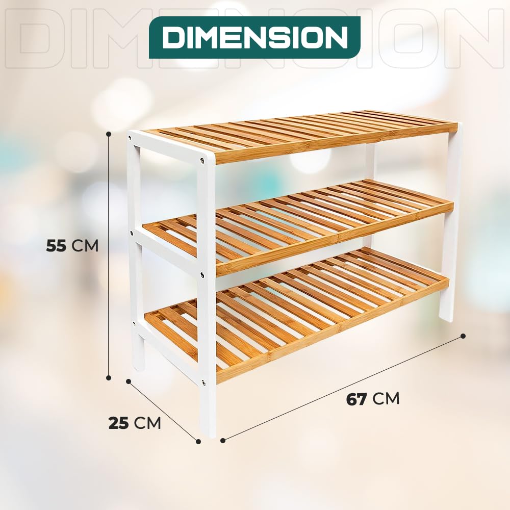 1ABOVE Bamboo Shoe Rack - 3 Tier Storage | White & Natural Wood | Portable | 70x55x25cm 3
