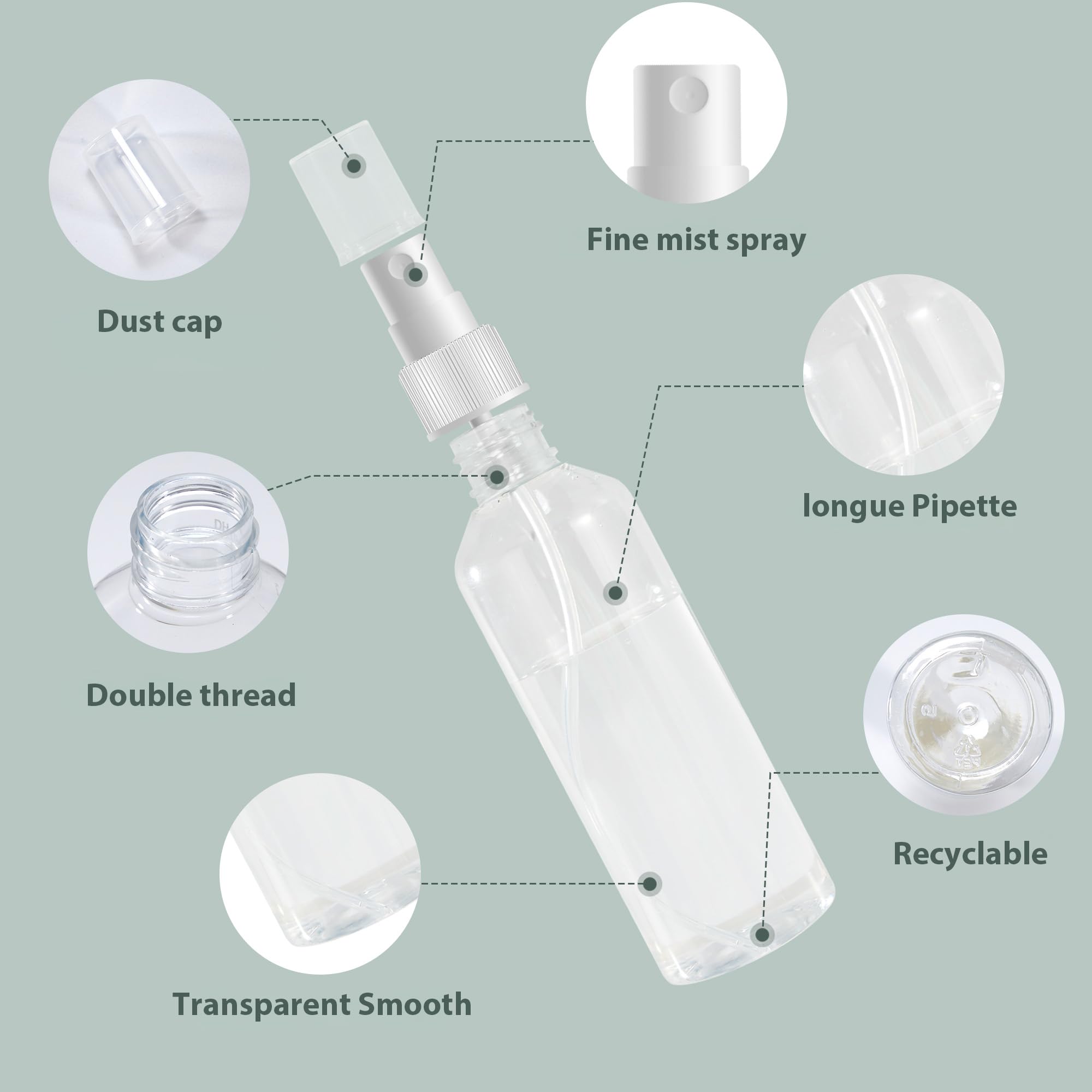 Vonsera 10-Pack 100ml Clear Travel Spray Bottles - Refillable Plastic Mist Atomizers 4