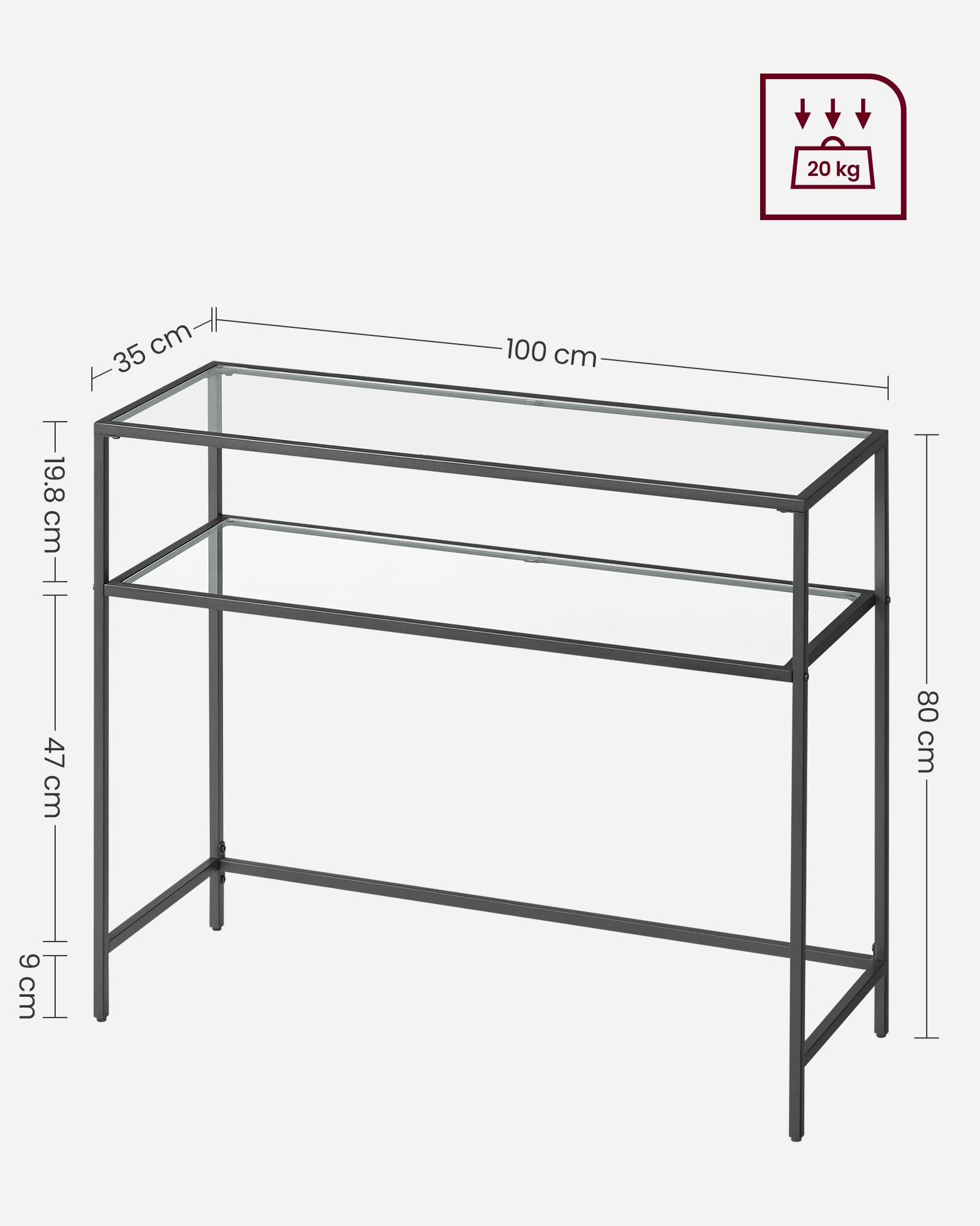 VASAGLE Console Table - Tempered Glass Top | Black Steel Frame | 100 x 35 x 80 cm 3