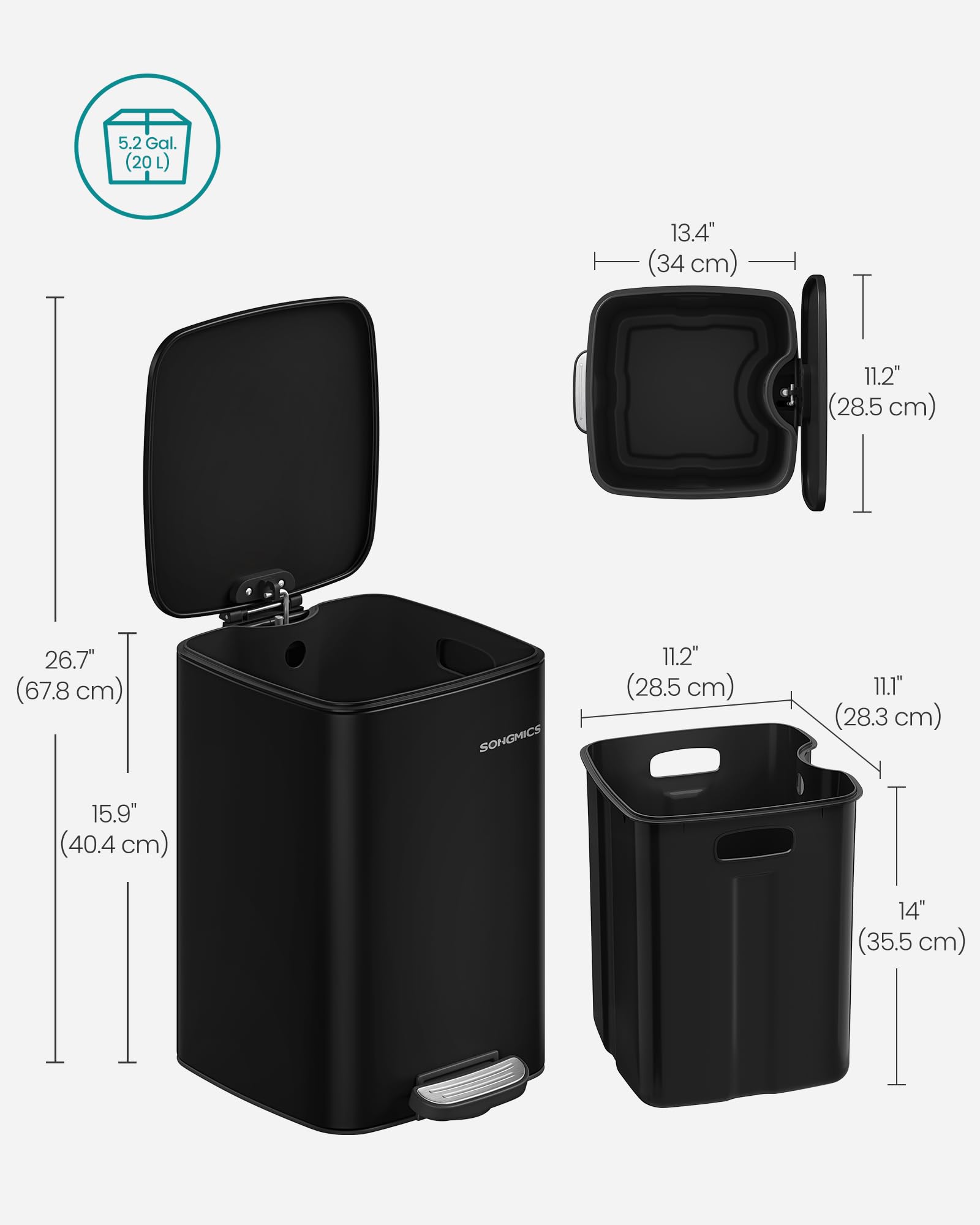 SONGMICS Steel Pedal Bin - 5.2 Gallon (20L) Capacity | Soft Close Lid | Ink Black 8