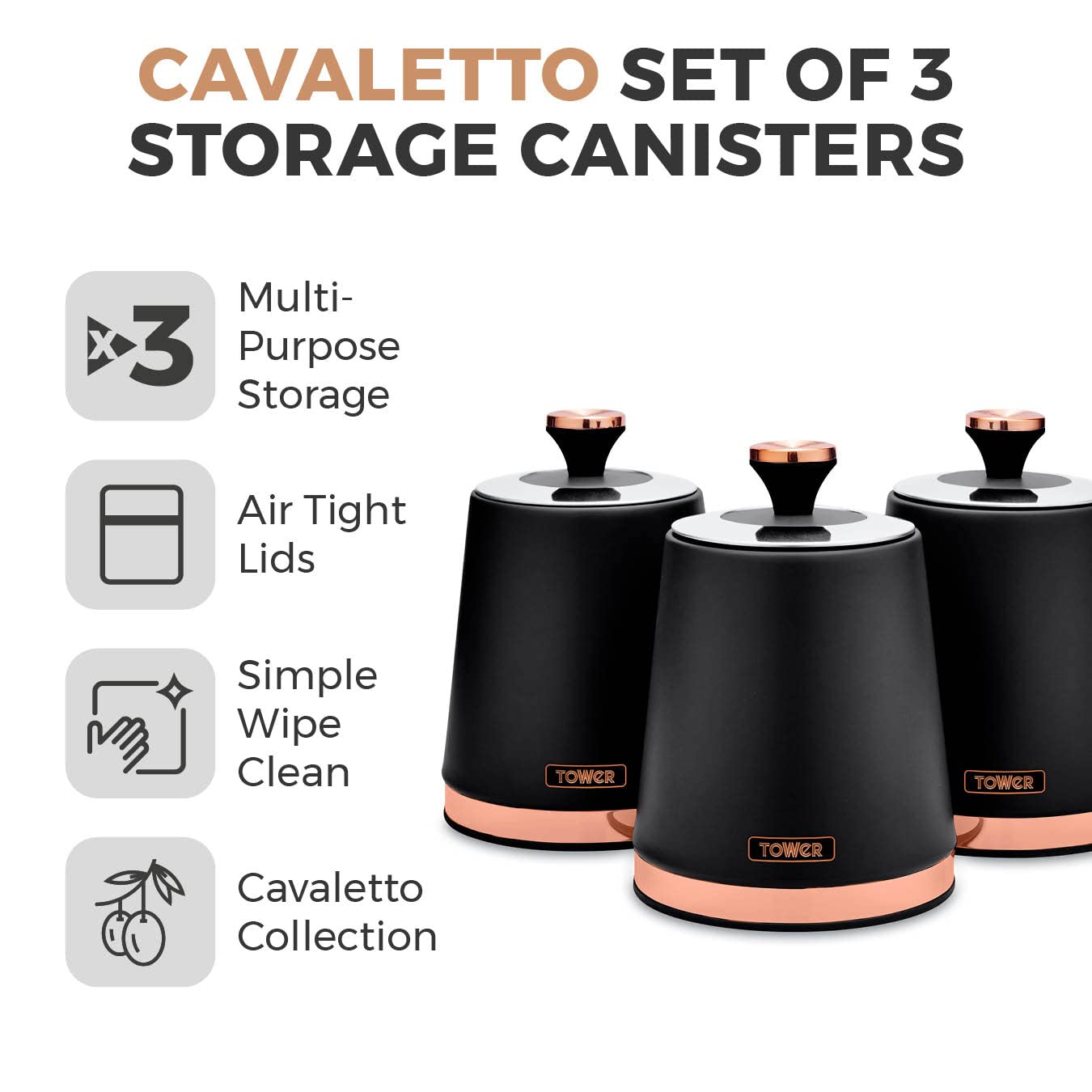 Tower Cavaletto Set of 3 Storage Canisters for Tea/Coffee/Sugar | 1.3L Capacity | Carbon Steel 2