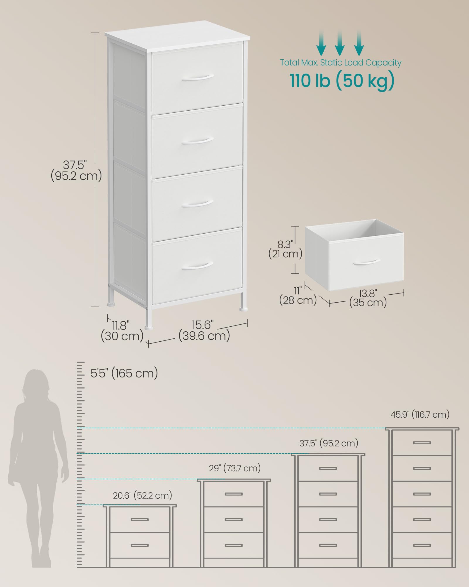 SONGMICS Chest of Drawers - 4 Fabric Drawers Storage Unit | Steel Frame | Cloud White + Snow White 2