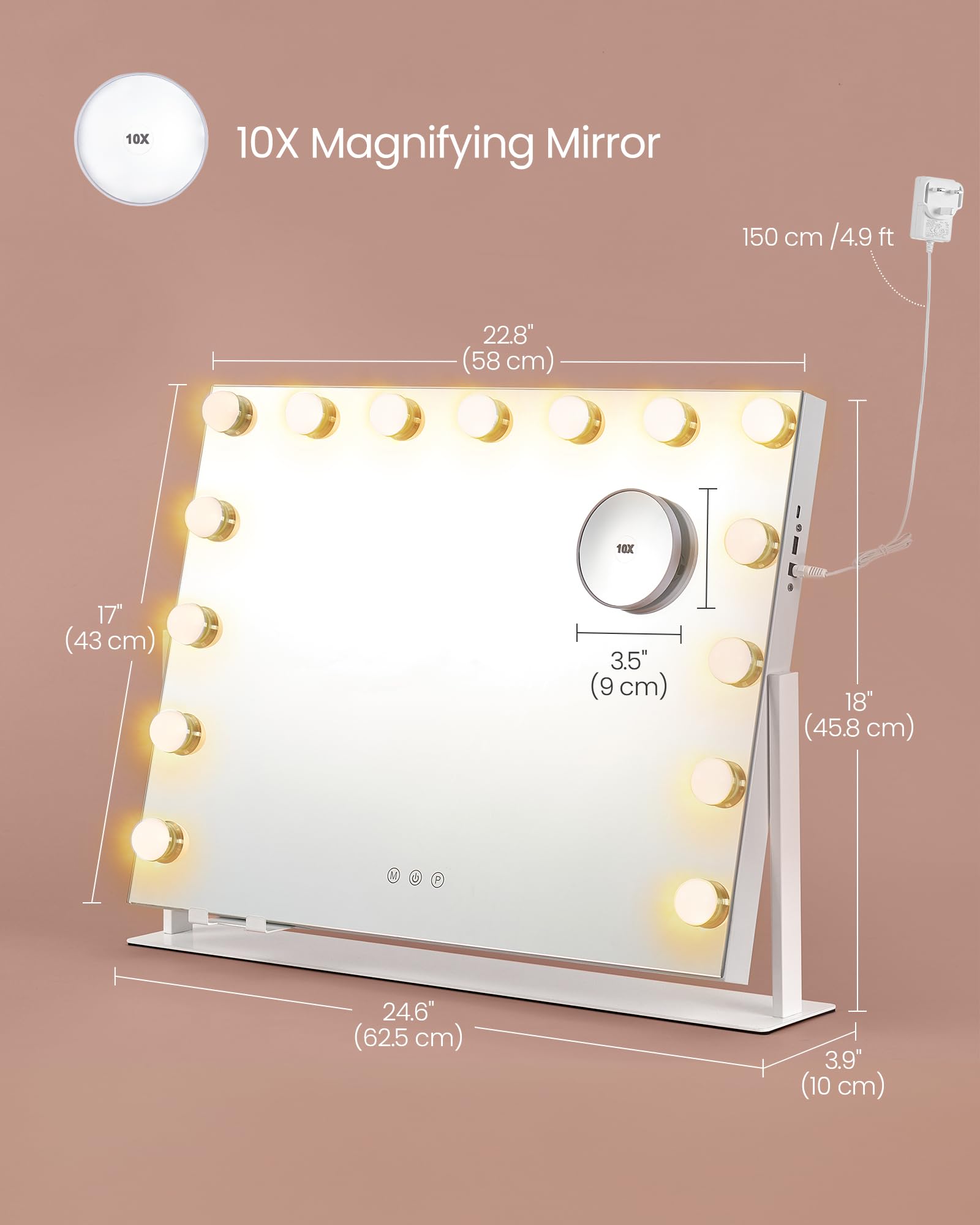 SONGMICS Vanity Makeup Mirror with Lights | 3 Color Temps | 10x Magnification | USB Charging 5