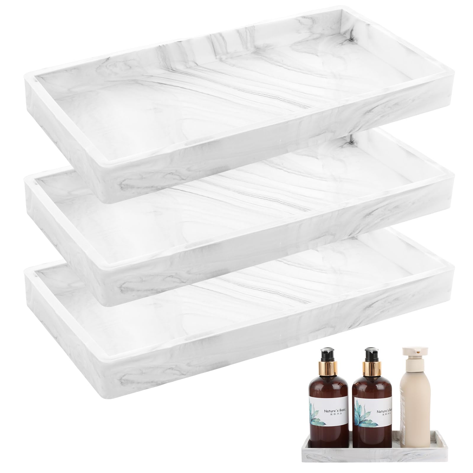 ASelected 3 Piece Decorative Resin Cosmetic Tray - Marble Pattern Vanity Organizer | 7.87" x 3.93"