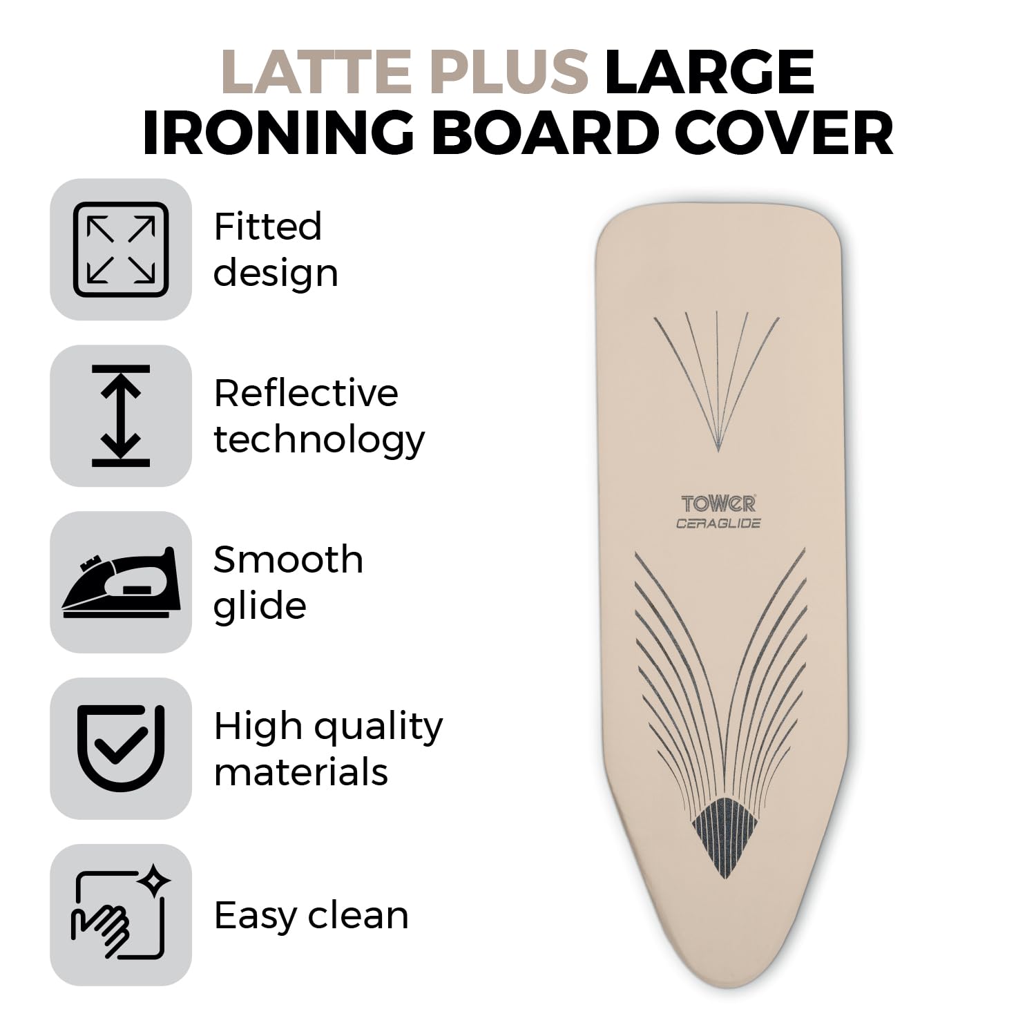 Tower Replacement Ironing Board Cover - Reflective Technology, 100% Cotton, Fitted Design for Large Boards | Latte