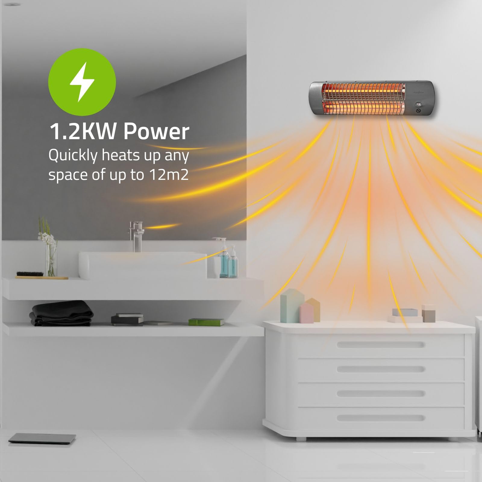 NEDIS Wall-Mountable Electric Bathroom Heater - 1200W Max | 2 Heat Settings | IPX4 Splashproof 4