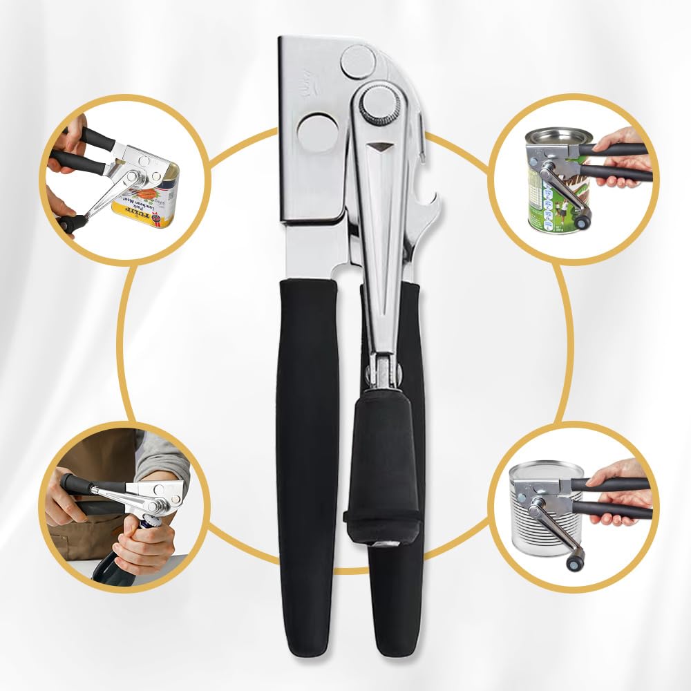 NUFR Heavy Duty Commercial Manual Can Opener - Stainless Steel, Black, Ergonomic Grip 3