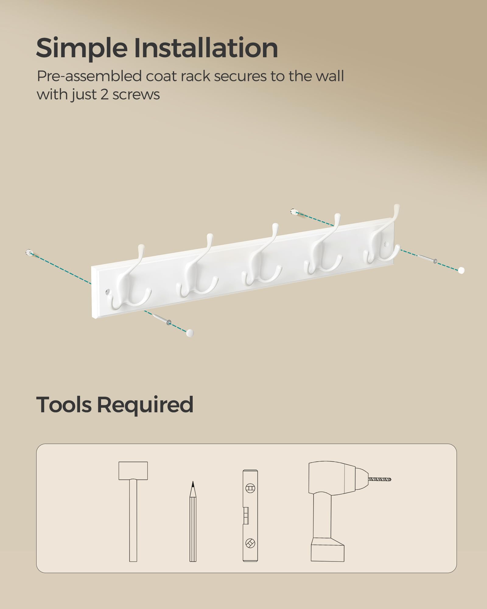 SONGMICS Wall-Mounted Coat Rack - 5 Metal Tri-Hooks, Cloud White | MDF & Zinc Alloy | 4kg Per Hook 5