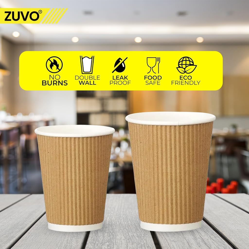 Zuvo 8 OZ Disposable Coffee Cups - 100 Pack | Brown Ripple Paper | Leak Proof 3