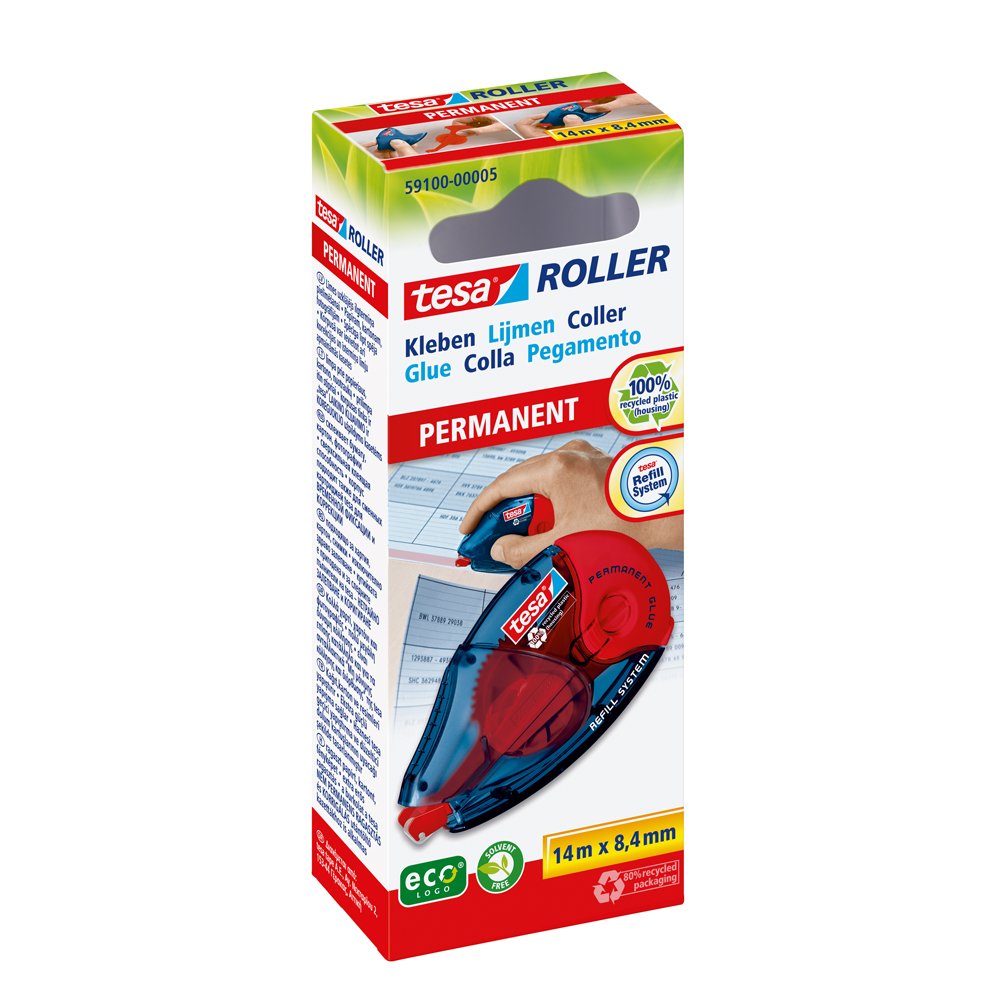 tesa UK Roller Permanent Gluing ecoLogo - Refillable Tape Dispenser | 14 m x 8.4 mm Tape Size 1