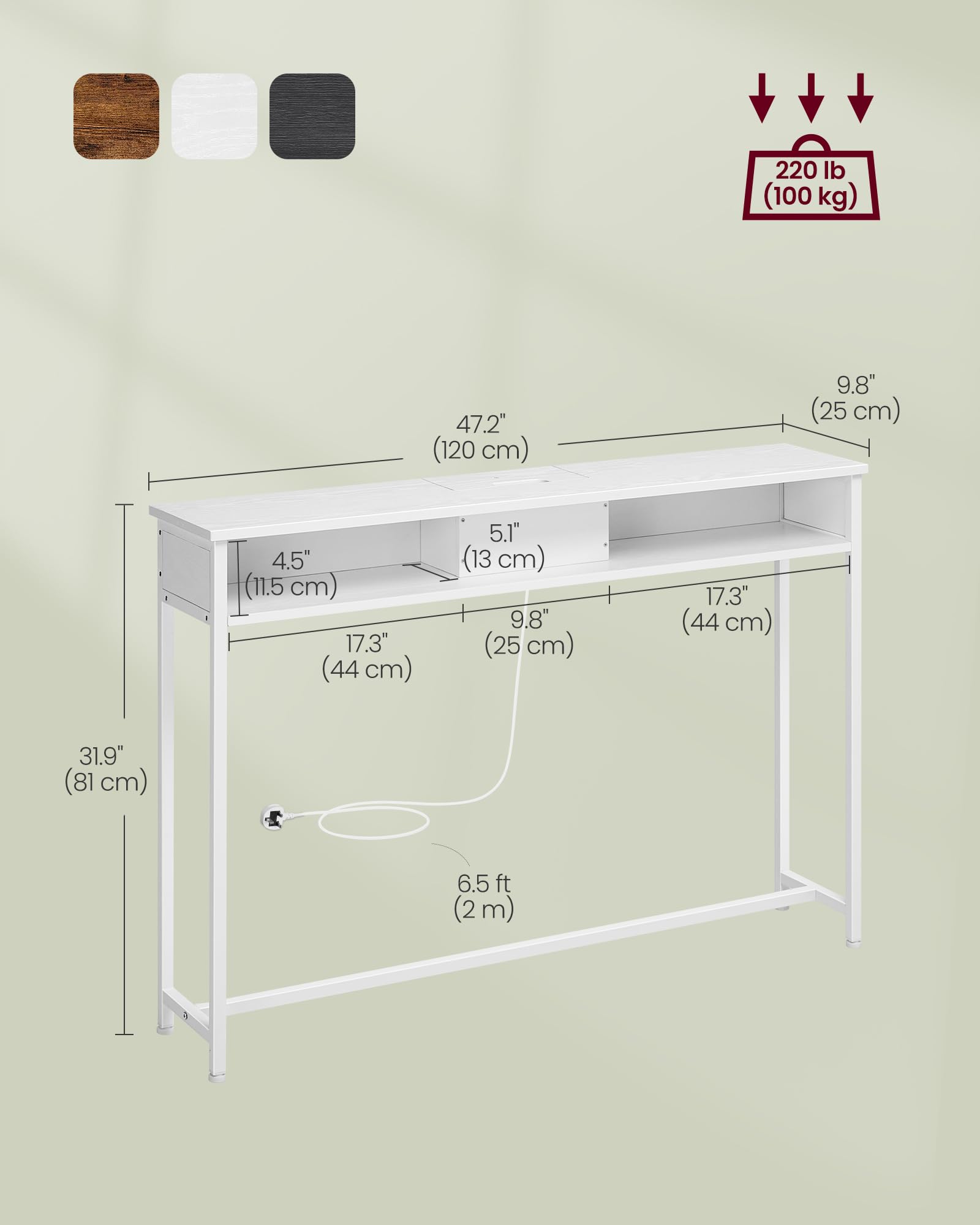 VASAGLE Console Table with Charging Station - Slim Design, Snow White, 120cm Wide 2