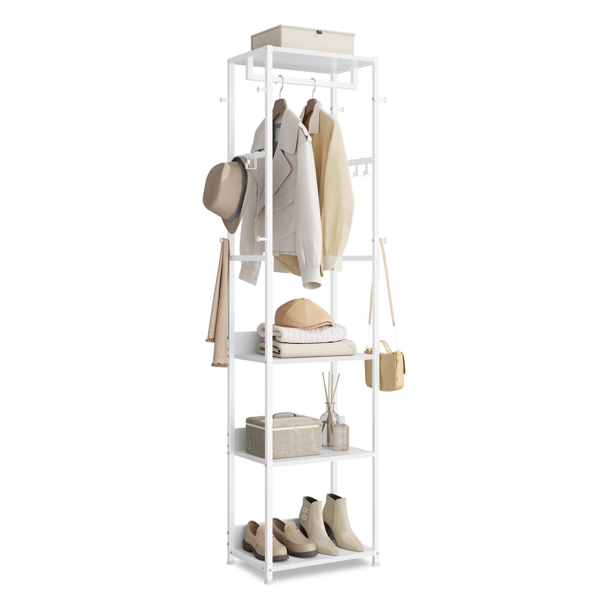 VASAGLE Clothes Rack Stand - 4 Shelves, Hanging Rail, Hooks | Cloud White | 30.5 x 47 x 180 cm