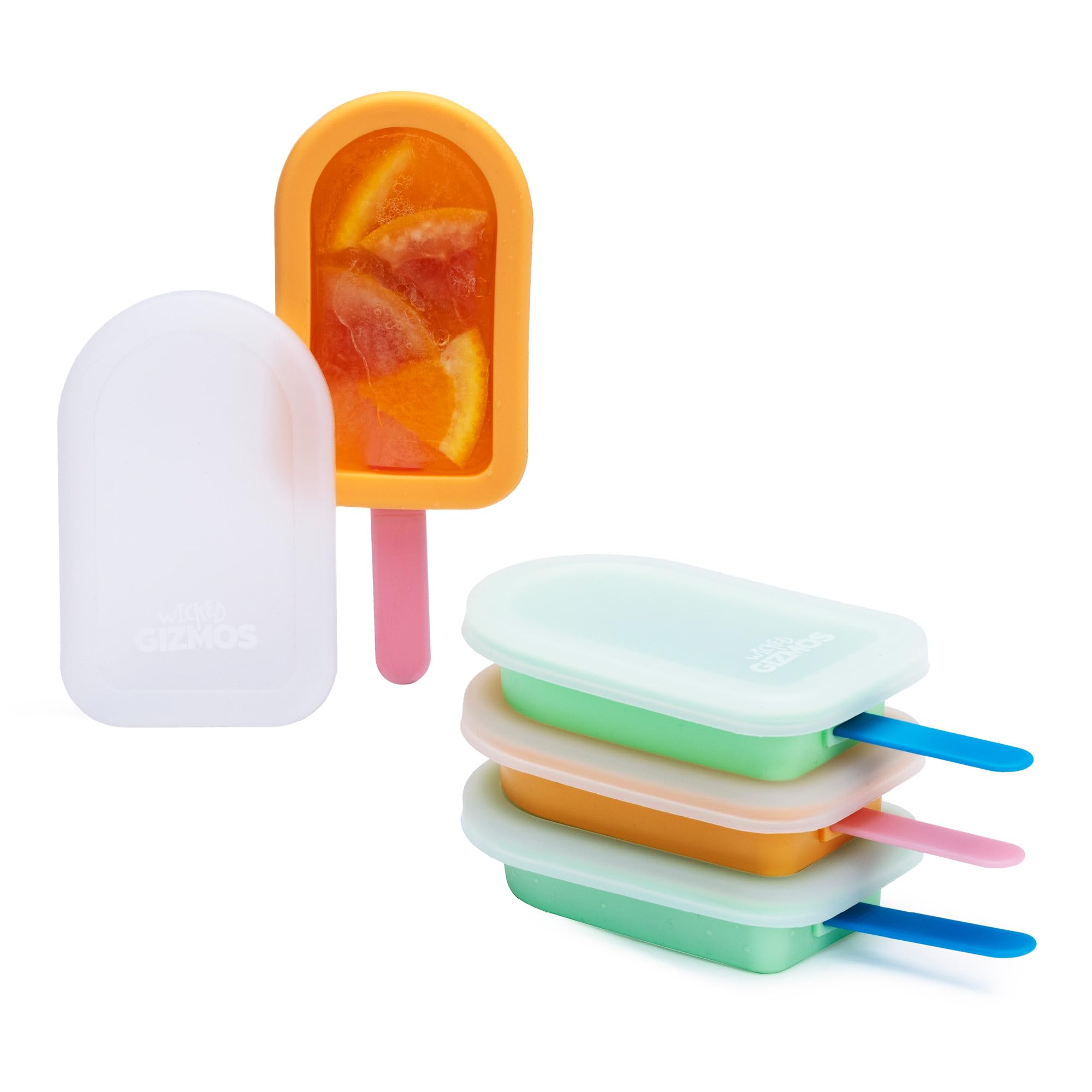 WICKED GIZMOS 4 Reusable Silicone Ice Lolly Moulds - BPA Free, Orange/Green 1