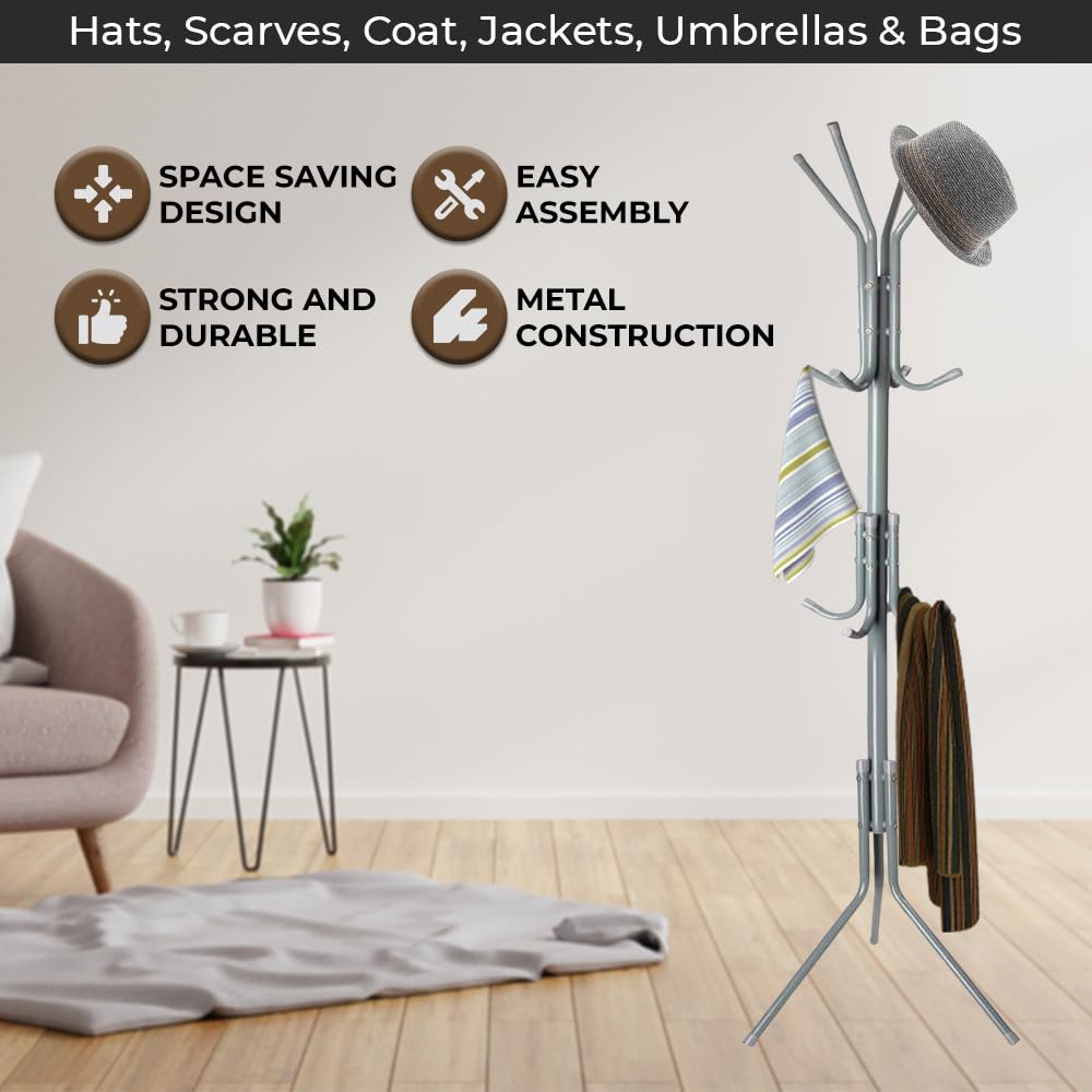 1ABOVE Metal Coat Rack - 12 Hooks Freestanding Clothes Tree | 67 Inches Height | Grey 5