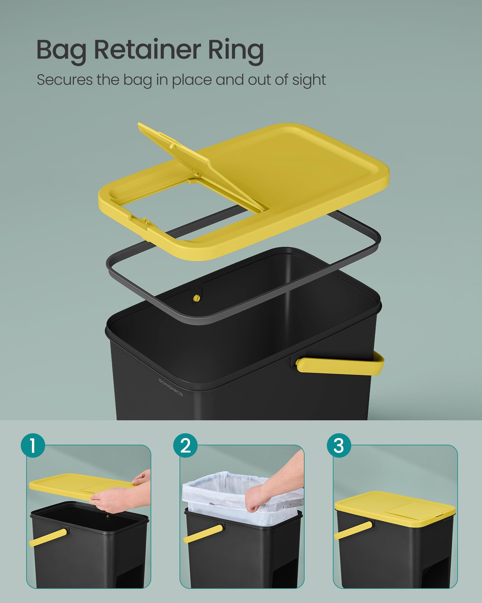 SONGMICS Waste Separation System - Set of 3 Stackable Kitchen Bins | 20 L Each | Press-to-Open 7