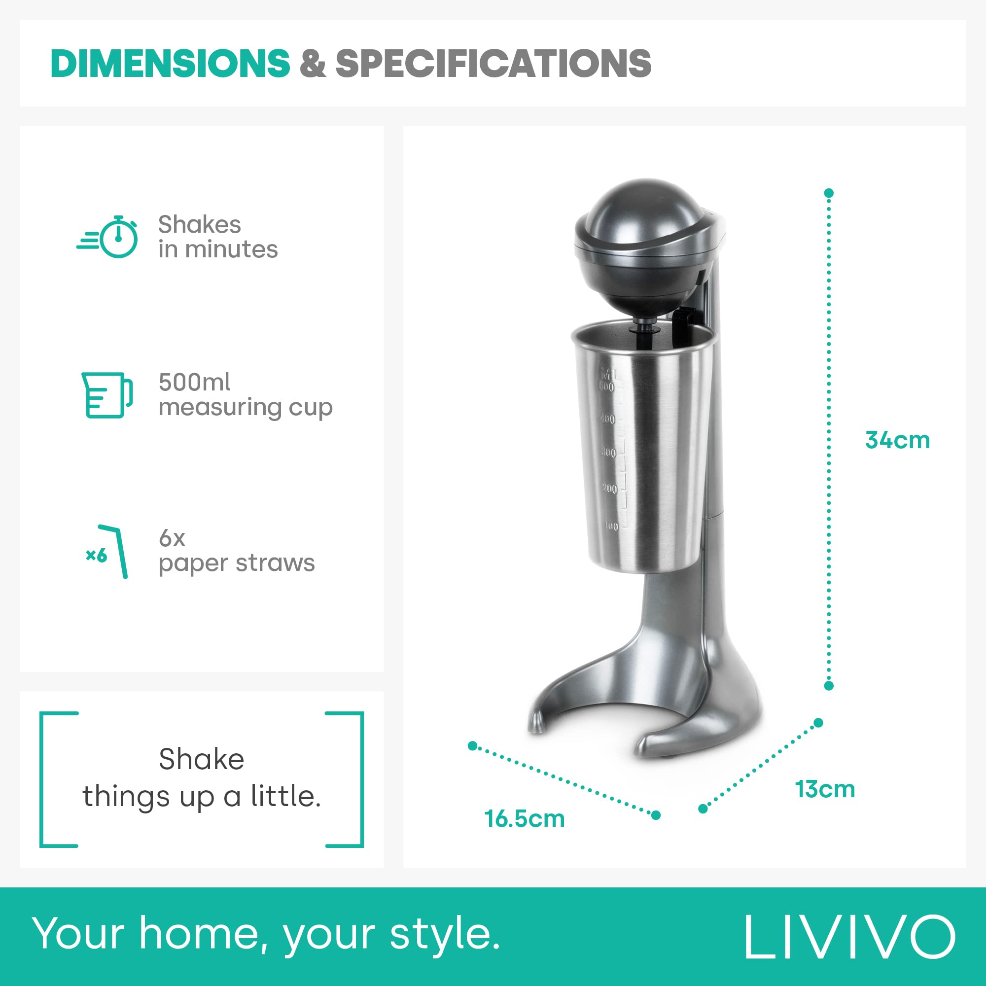 LIVIVO Retro Electric Drink Mixer - 100W Motor | 500ml Stainless Steel Cup | Grey 7