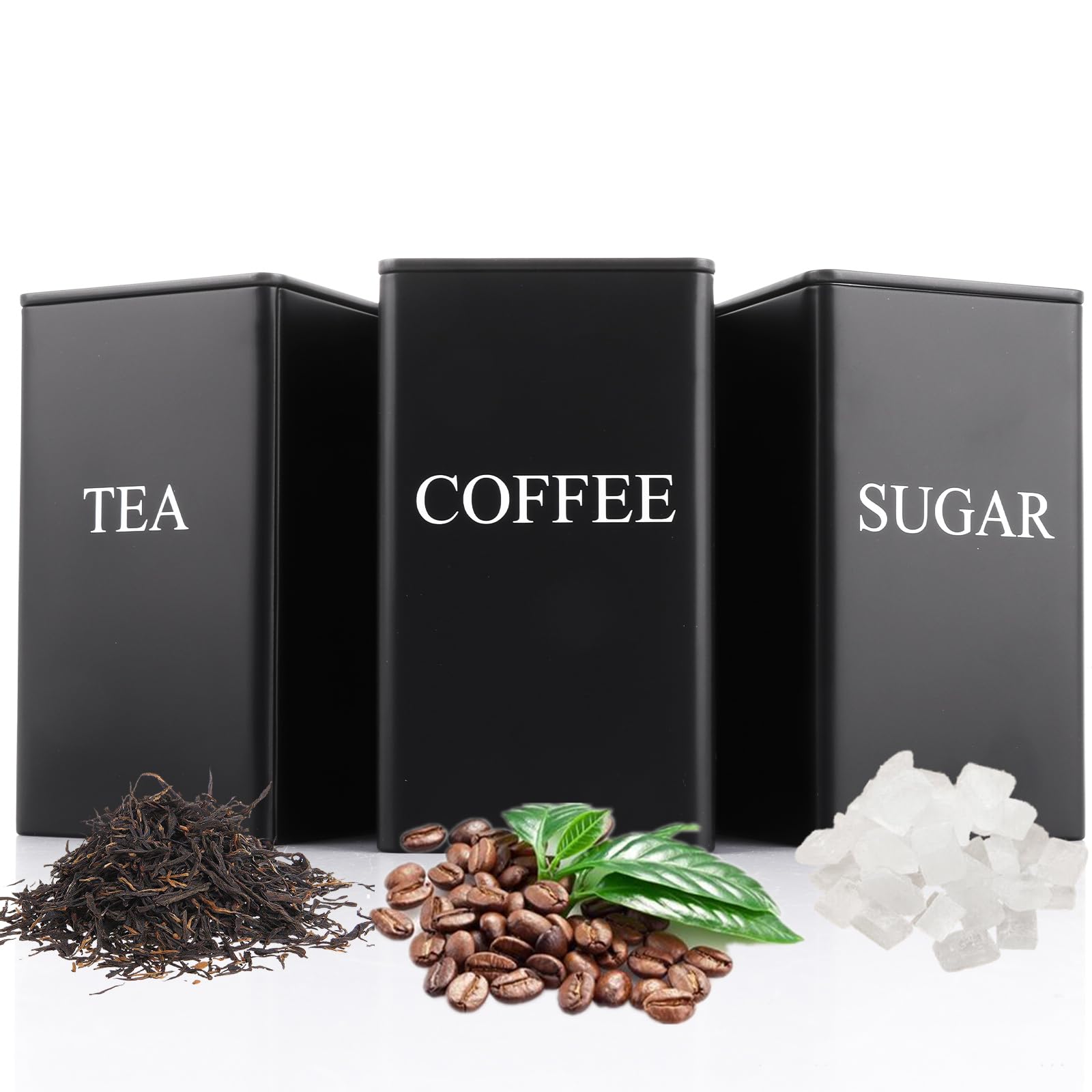 ASelected 3 Piece Metal Food Storage Canisters - Airtight & Stylish Black Canisters for Tea, Coffee, Sugar 1