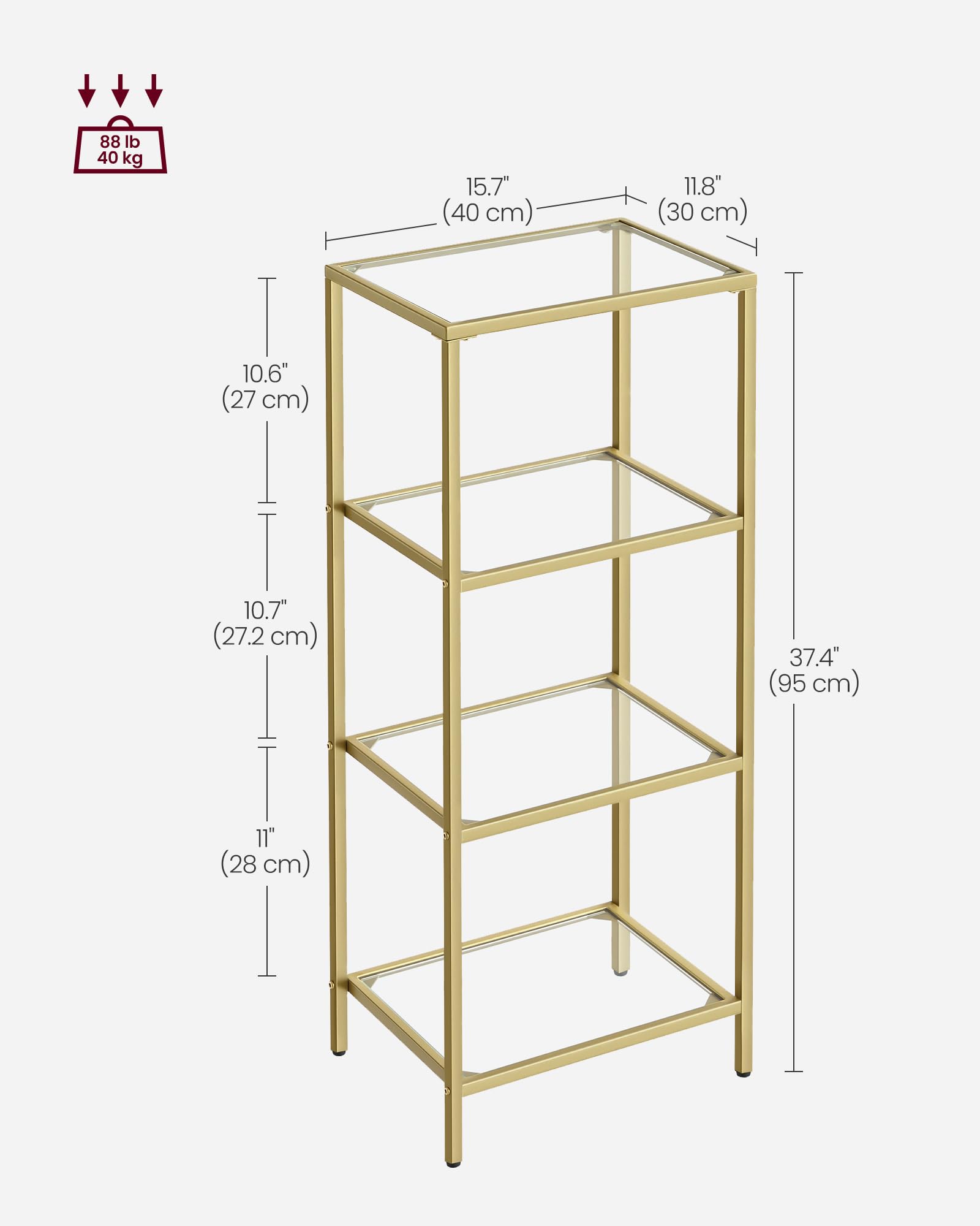 VASAGLE 4-Tier Glass Shelf Unit - Tempered Glass & Metal Frame | 10kg Capacity | Metallic Gold LGT28G 3